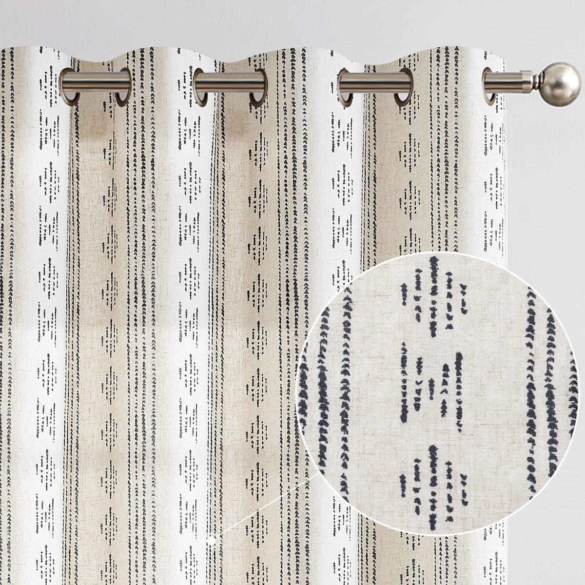 Jinchan Boho Curtains Linen Curtains For Living Room Black On Beige Farmhouse Curtains 120 Inches Long 2 Panels Geometric Patter
