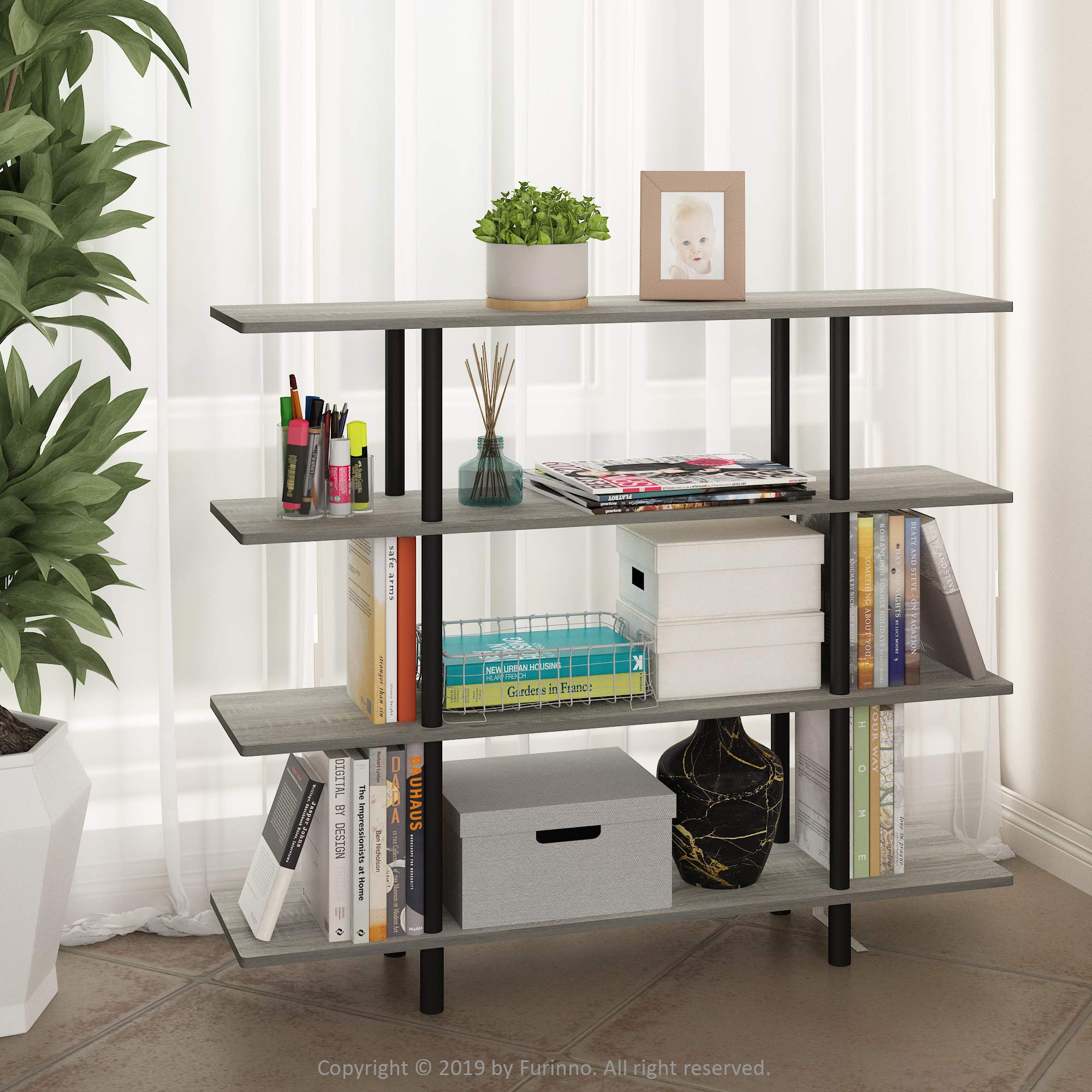 Furinno Turn-N-Tube 4-Tier Wide Display Shelf, French Oak Grey/Black