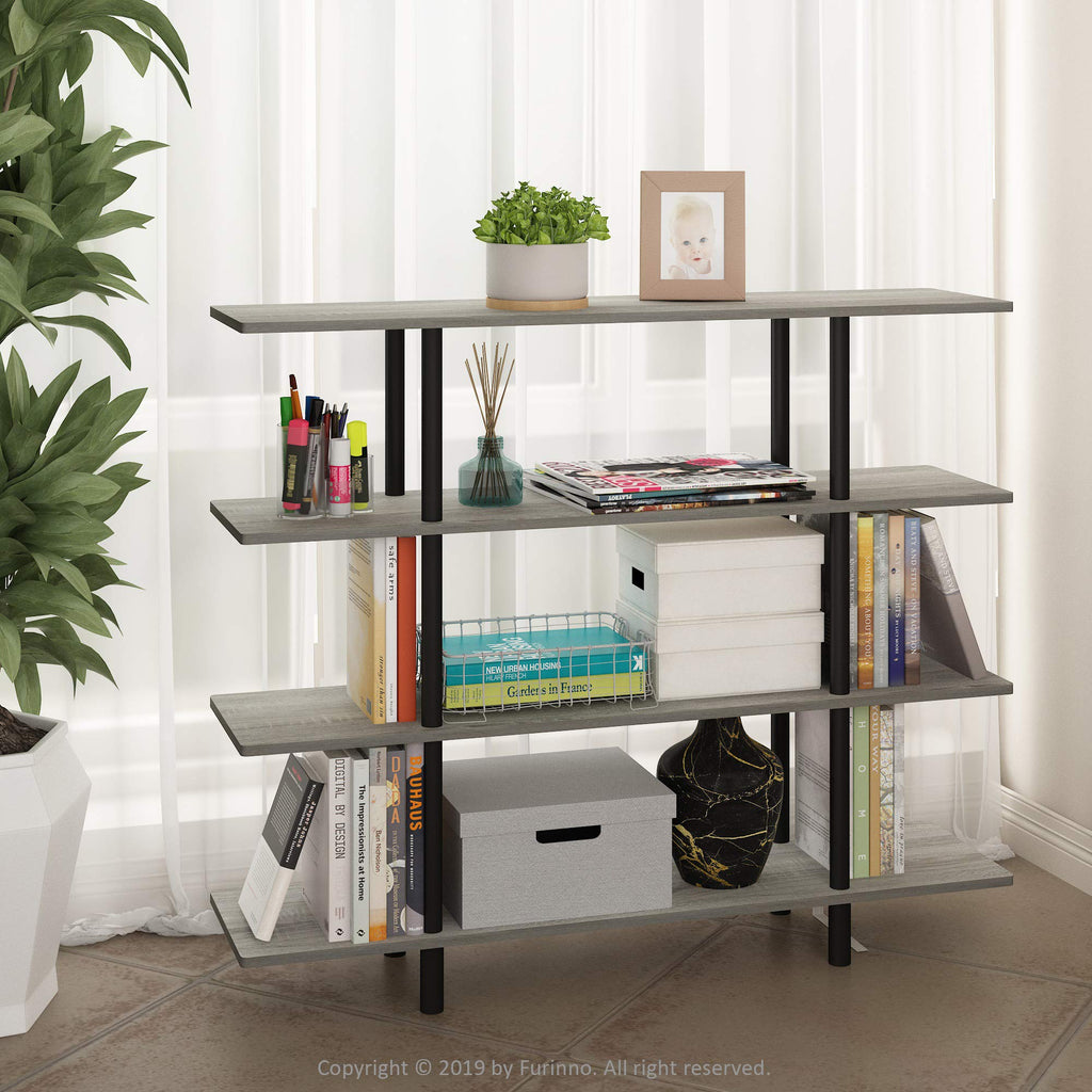 Furinno Turn-N-Tube 4-Tier Wide Display Shelf, French Oak Grey/Black