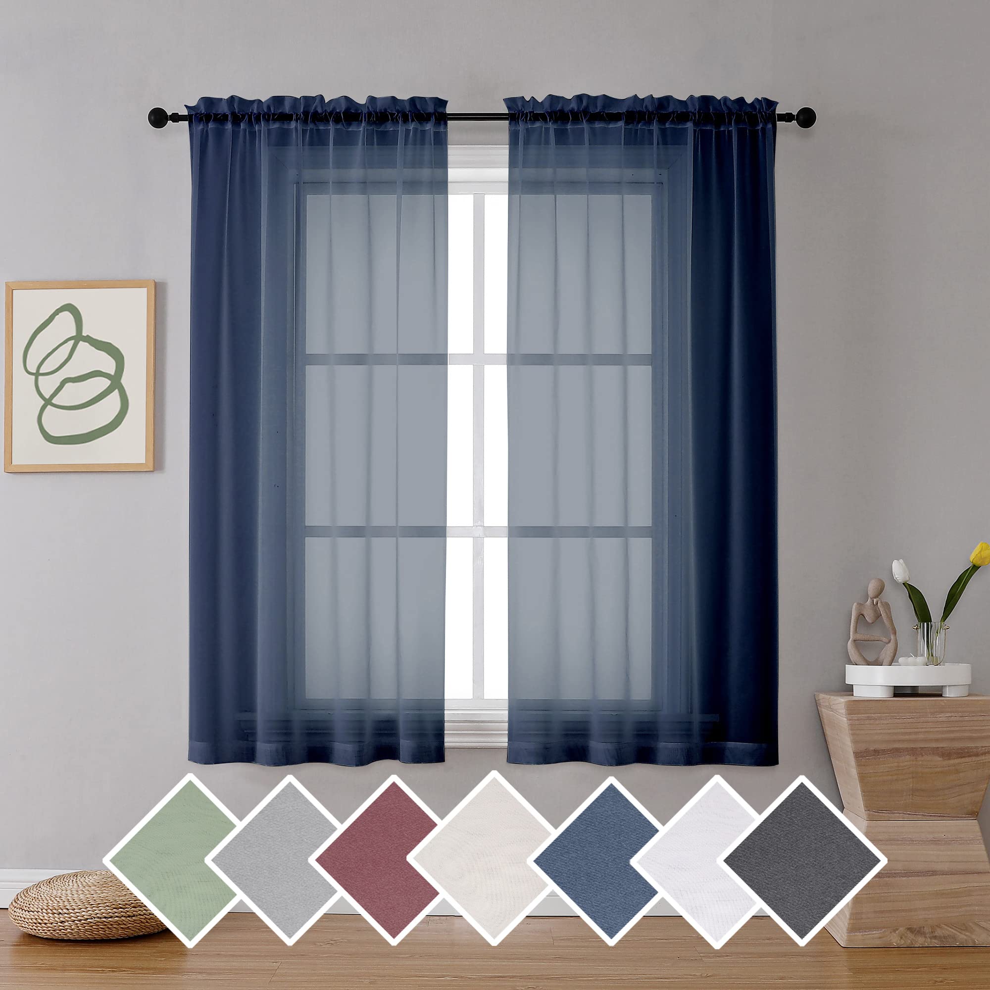 Ovzme 2 Panels Sheer Navy Blue Curtains 54 Inches Length Window Treatment For Kitchen, Elegant Airy Transparent Curtain Draperie
