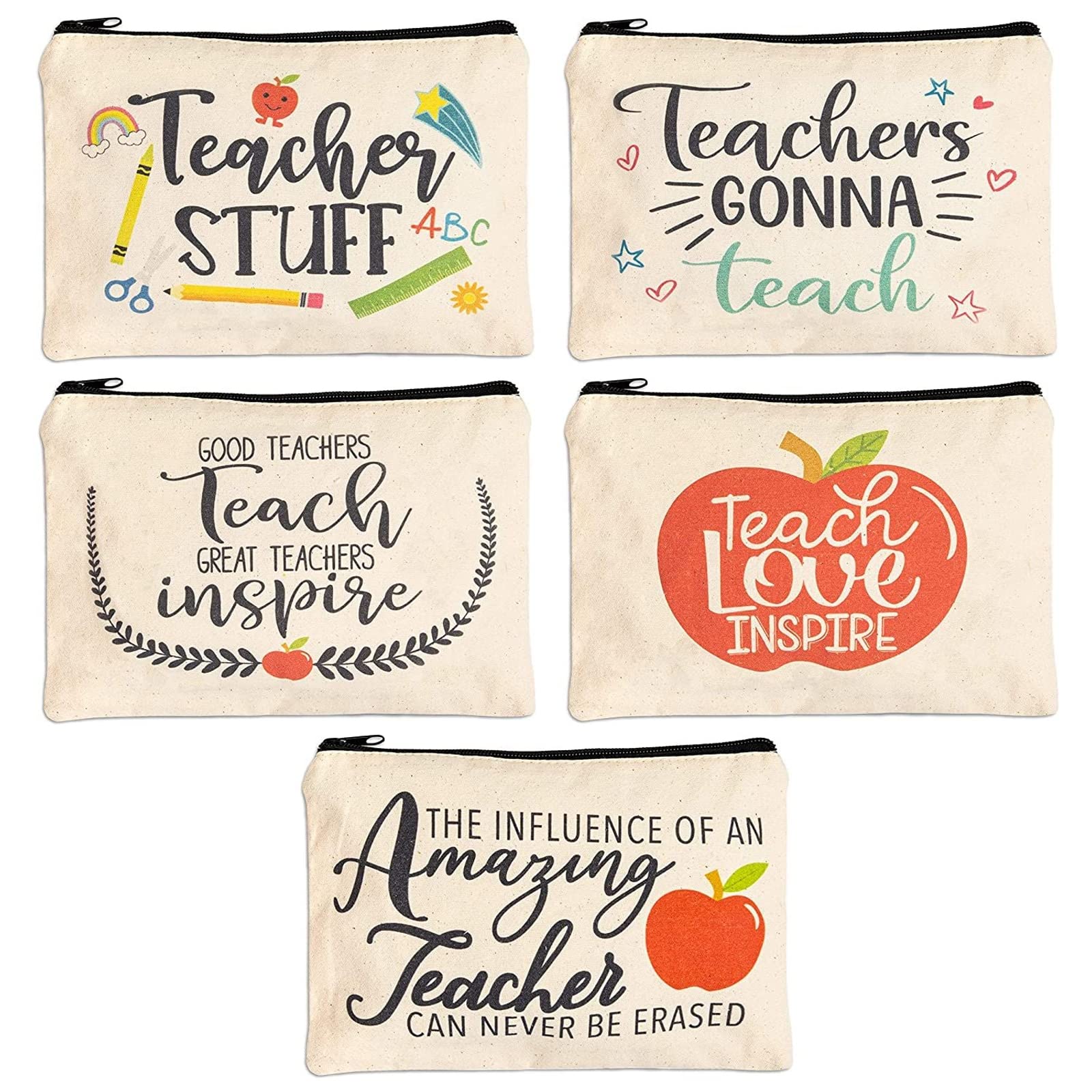 Bright Creations Teacher Appreciation Pouches With Zipper For Pencils, Stationery, Toiletries, 5 Festive Designs, Makeup Bags, T