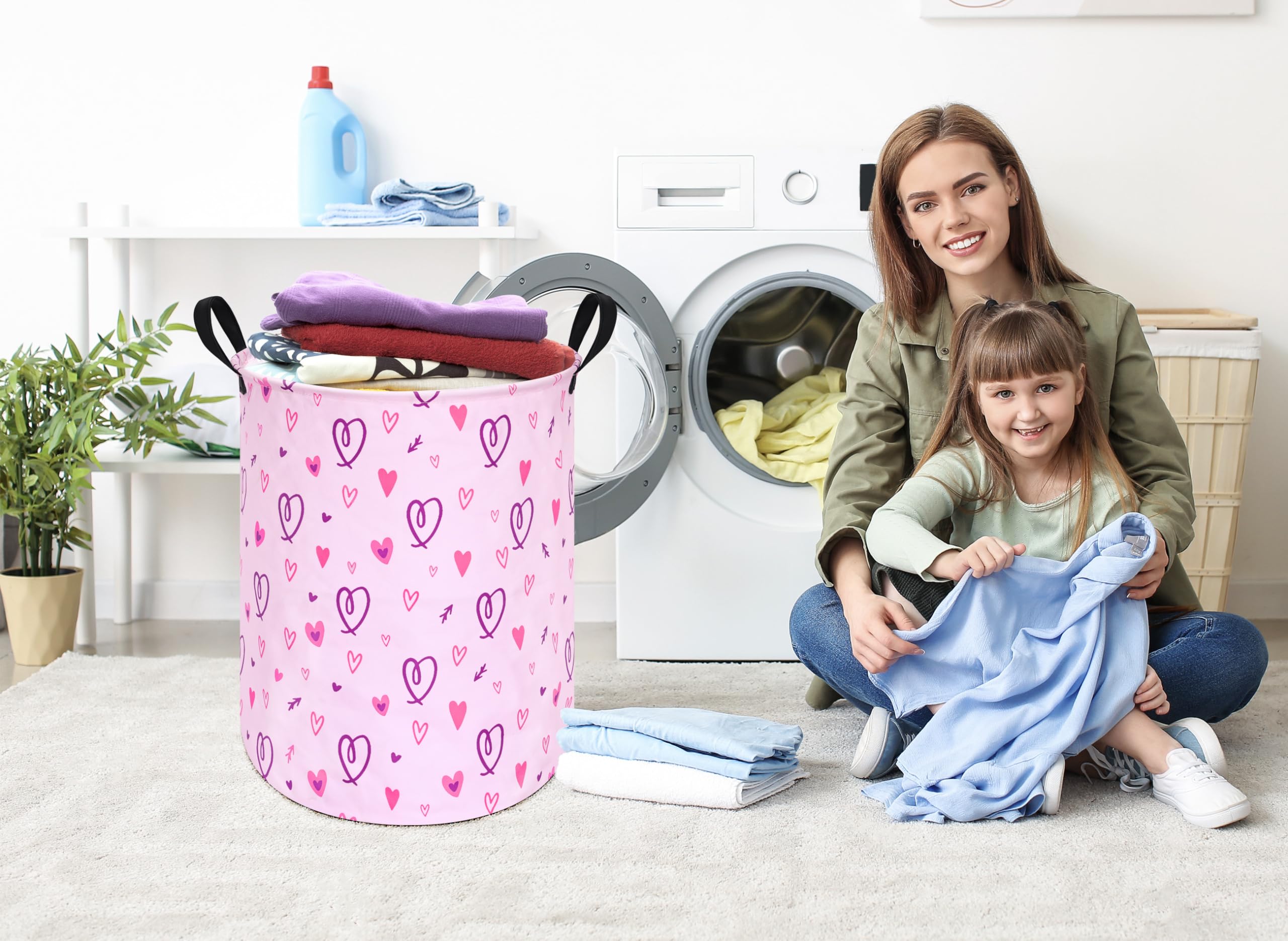 Acmuuni 19.7' Round Pink Gift Basket Laundry Hamper Girls Laundry Basket With Handles,Storage Basket For Kids Room Bedroom Deco