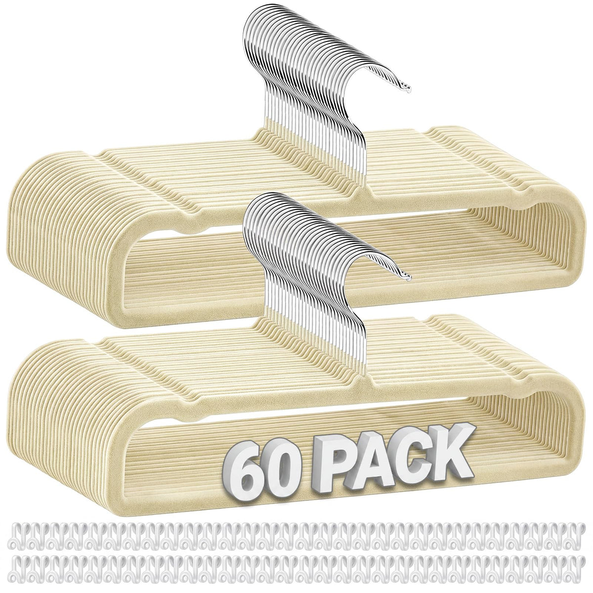 60 Pack Beige Velvet Felt Pants Hangers with 60 Hooks, Heavy Duty Space Saving Clothes Hangers with 360 Swivel Hook, Non Slip Th
