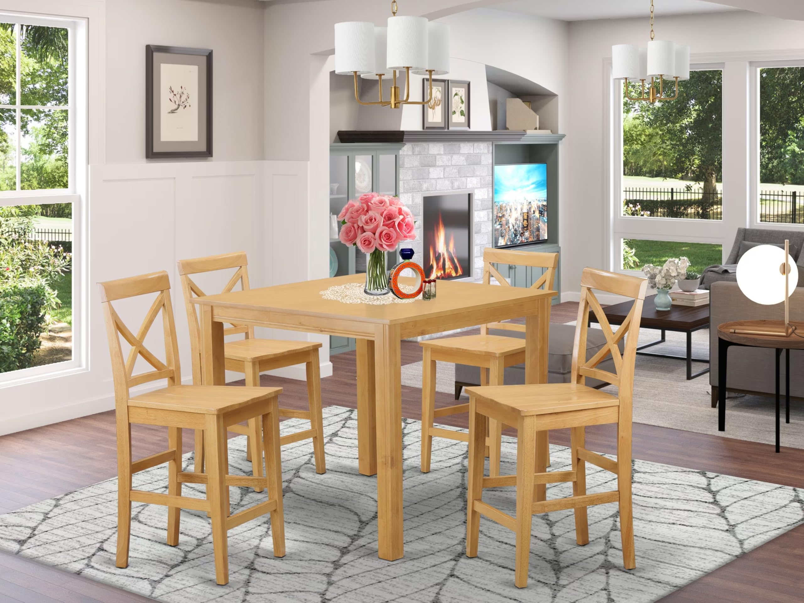 East West Furniture CFPB5-OAK-W 5 Piece Kitchen Counter Set Includes a Square Dining Room Table and 4 Dining Chairs, 42x42 Inch, Oak