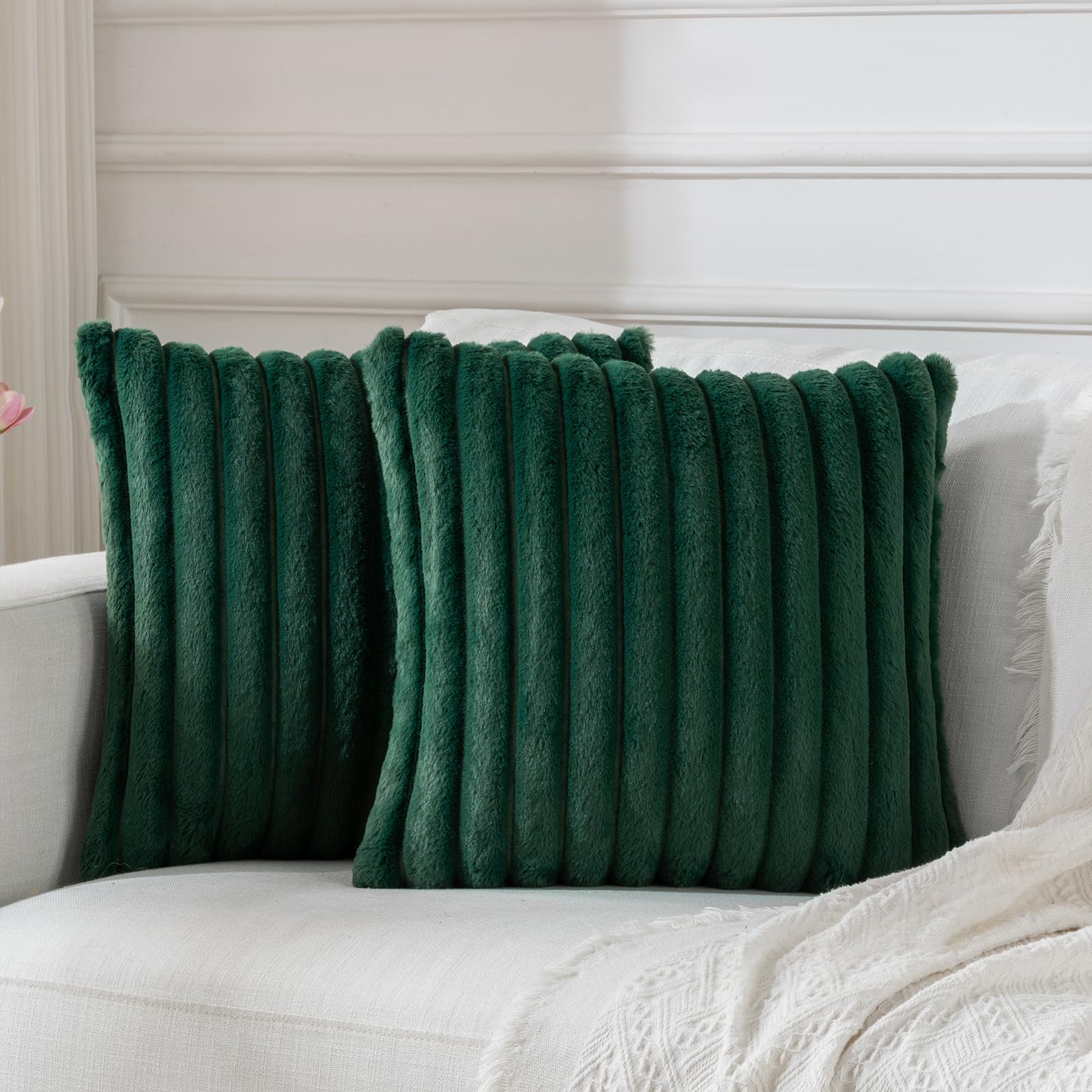 BBiggood Christmas Green Throw Pillow Covers 18x18 Set of 2, Velvet Striped Decor Cushion Covers with Back Faux Rabbit Fur Pillo