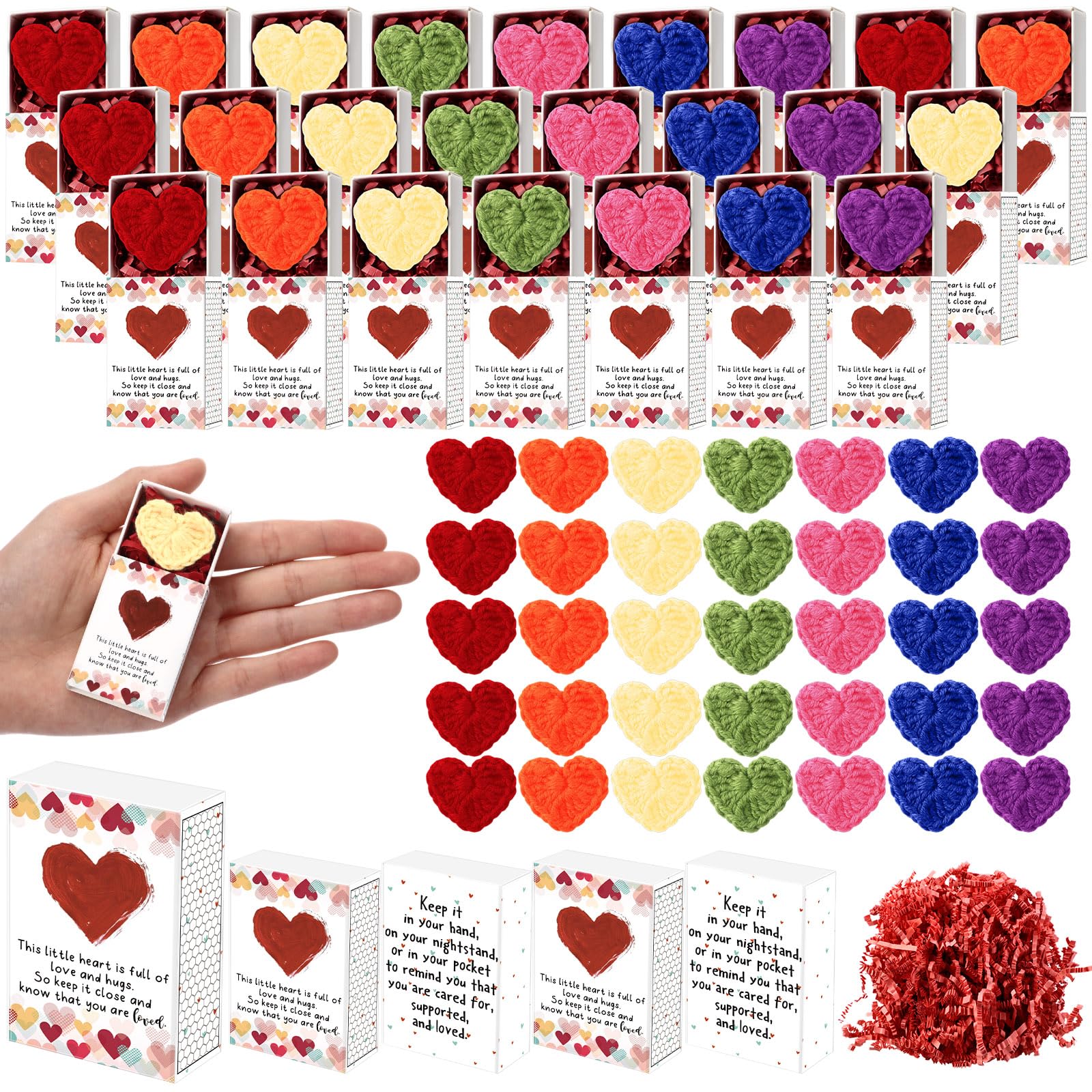 Wettarn 35 Sets Valentine'S Day Pocket Hug Gifts Bulk 35 Cute Hand Crochet Heart With 35 Greeting Box Inspirational Long Distanc