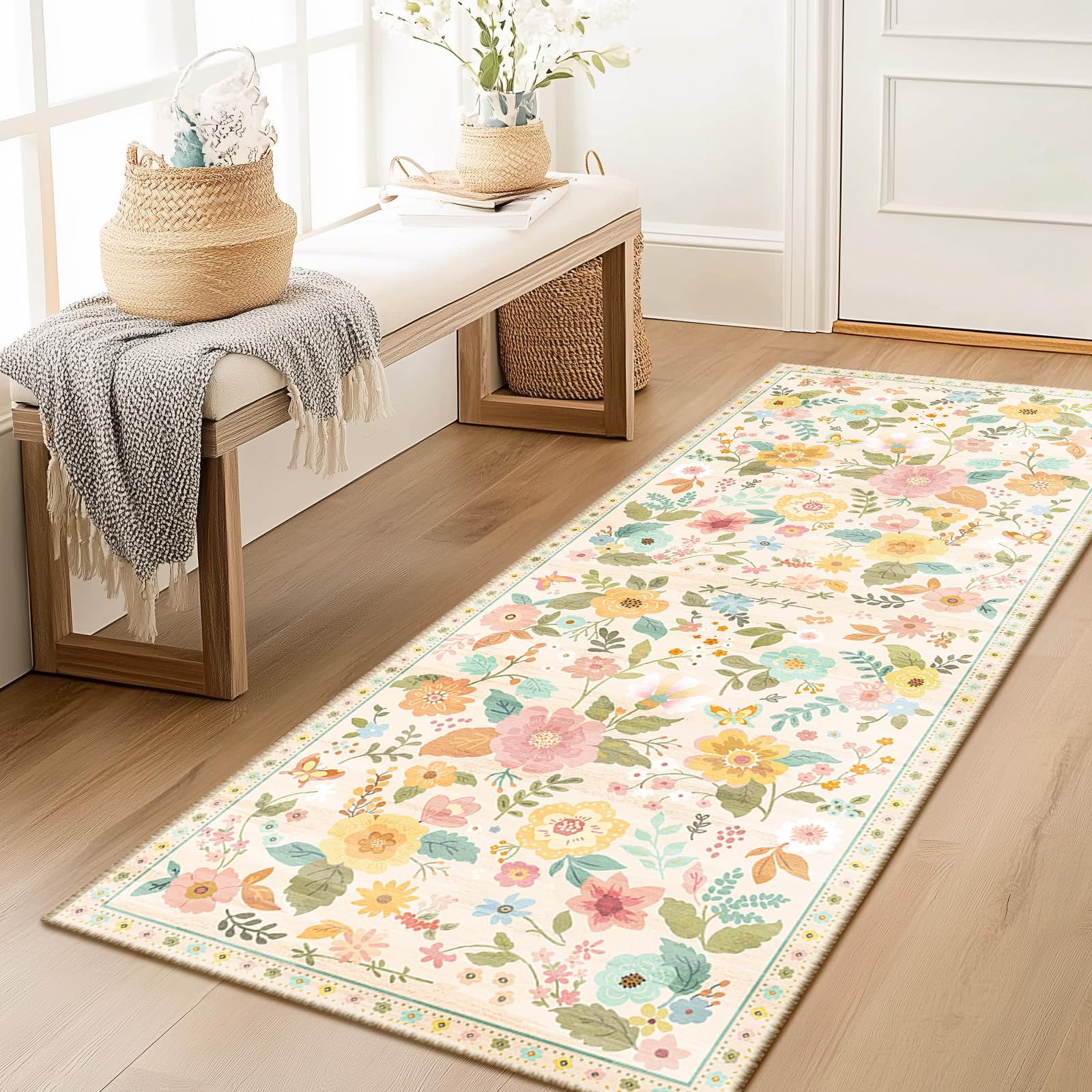 RELEANY Washable Area Rug, Runner Rug, Round Rug, Non Slip Boho Floral Vintage 2x6 Runner Rug for Entrance, Hallway, Bedroom, Ki