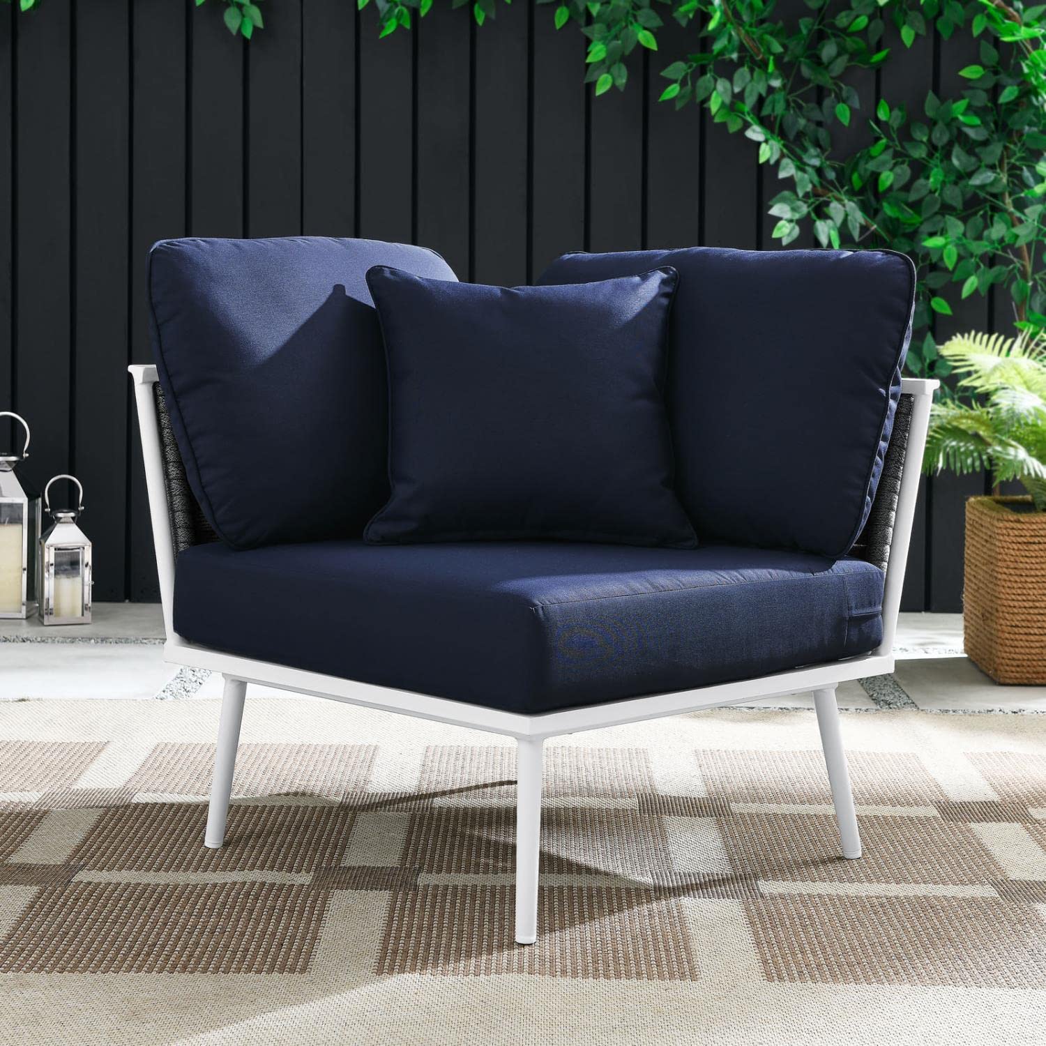 Modway Stance Outdoor Patio Woven Rope Aluminum Sectional Sofa, Corner Chair, White Navy