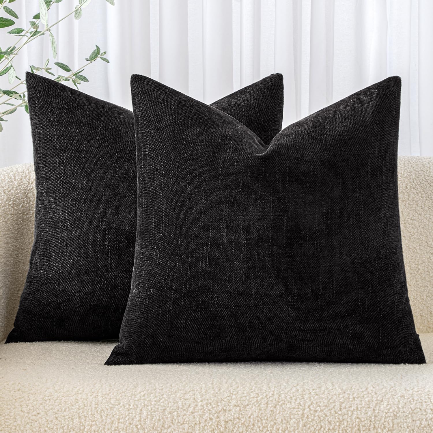 Miulee Pack Of 2 Decorative Throw Pillow Covers Soft Chenille Throw Pillows Solid Neutral Farmhouse Textured Cushion Covers For Couch Sofa Bedroom Living Room 18X18 Inch, Black