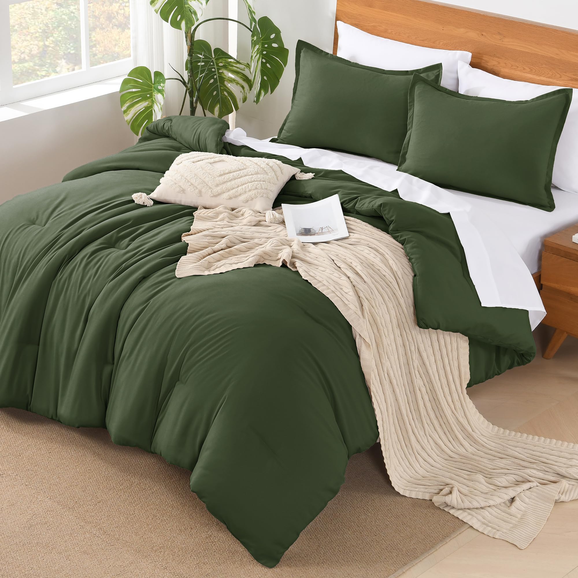 Andency Olive Green Comforter King Size - 7 Pieces Dark Green Bed In A Bag King Bedding Comforter Sets, Summer Plain Soft Lightweight Comforter With Fitted Sheets, Flat Sheets, Pillowcases & Shams