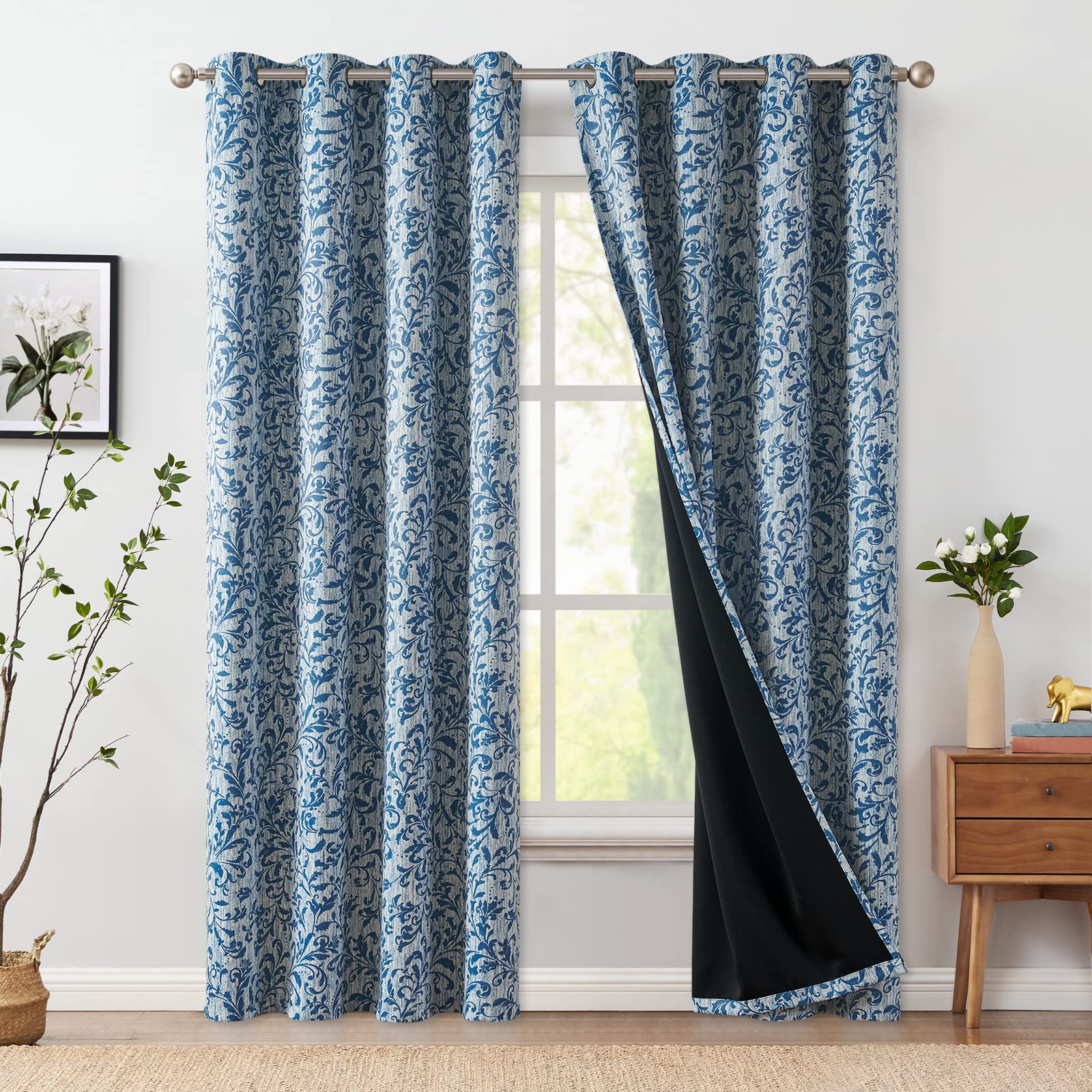 Jinchan 100% Blackout Curtains For Bedroom 90 Inches Long Blue Scroll Floral Window Curtains For Living Room Farmhouse Vintage Drapes Thermal Insulated Grommet Window Treatments 2 Panels Set