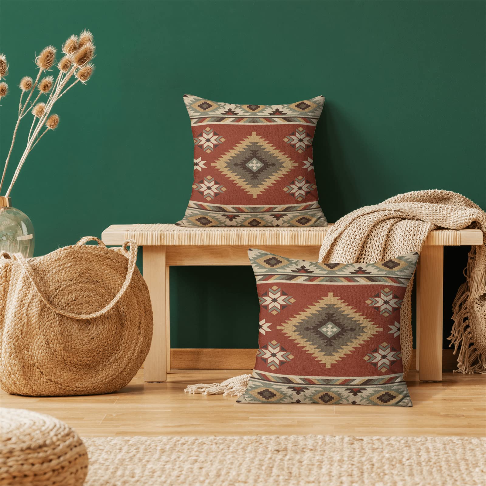 Boho Aztec Pillow Covers 20 X 20 Inch Set Of 2 Western Native American Red Brown Turquoise Geometry Decor Throw Pillows Southwes