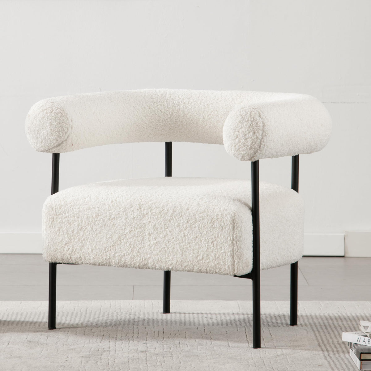 Rivova Boucle Modern Accent Chair With Curved Back, Small Living Room Vanity Chair, White Comfy Sherpa Barrel Armchair With Meta