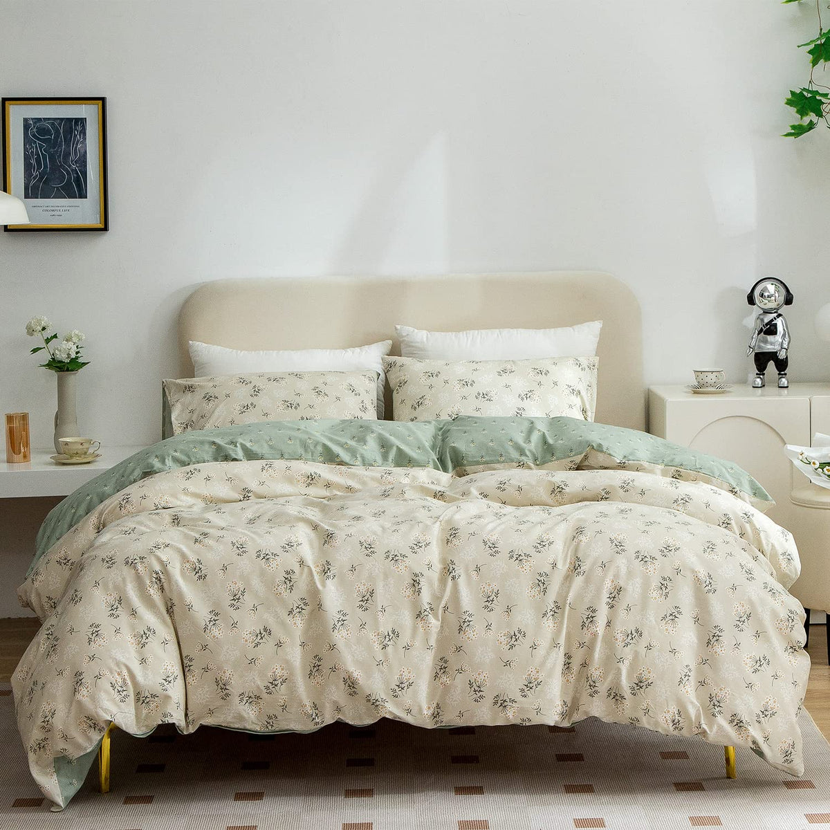 Erzrga Floral Queen Duvet Cover, 100% Cotton Chic Floral Bedding Set Queen 3 Pieces Queen Duvet Cover Set Floral For All Seasons