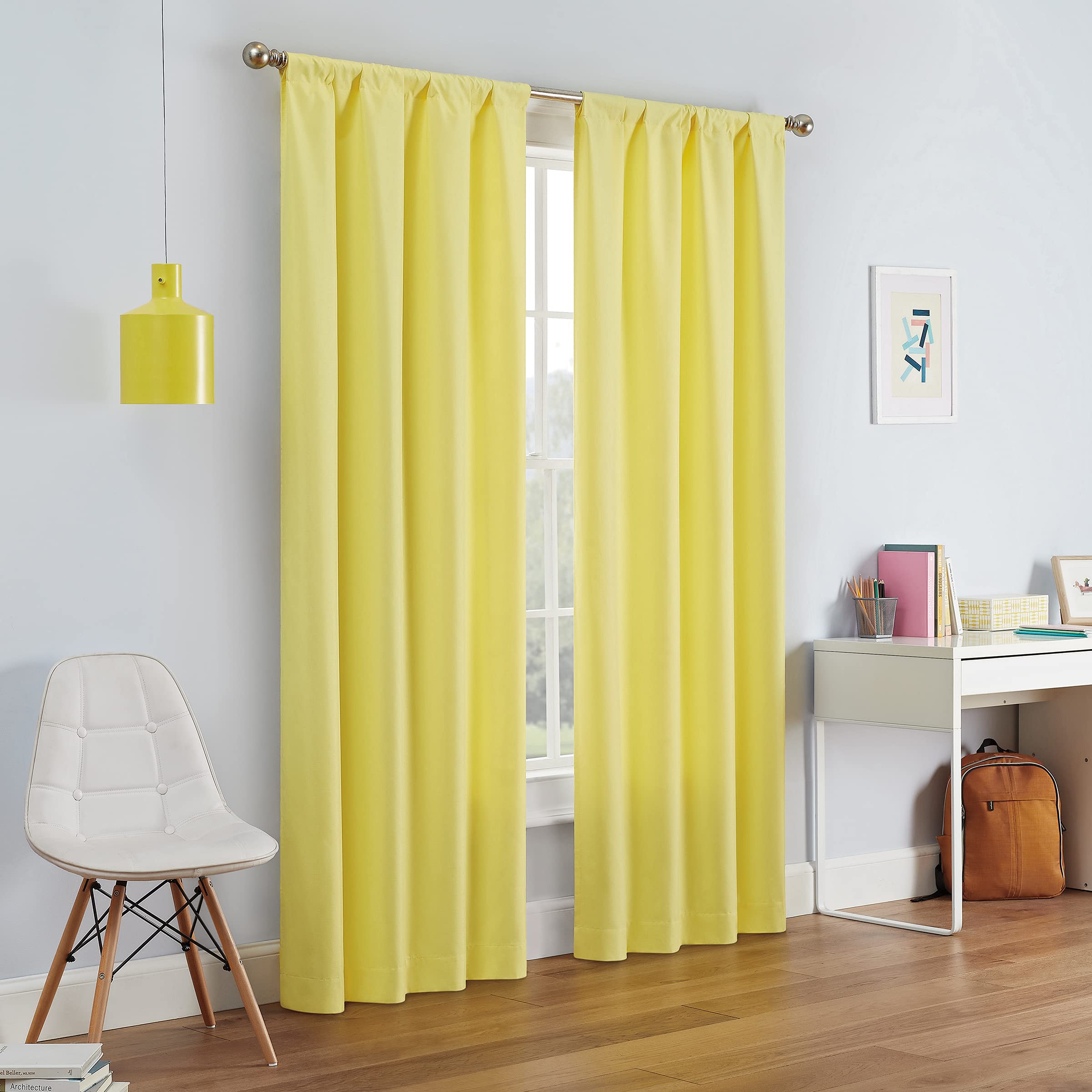 Eclipse Kendall Modern Blackout Thermal Rod Pocket Window Curtain For Bedroom Or Living Room (1 Panel), 42 X 95, Lemon