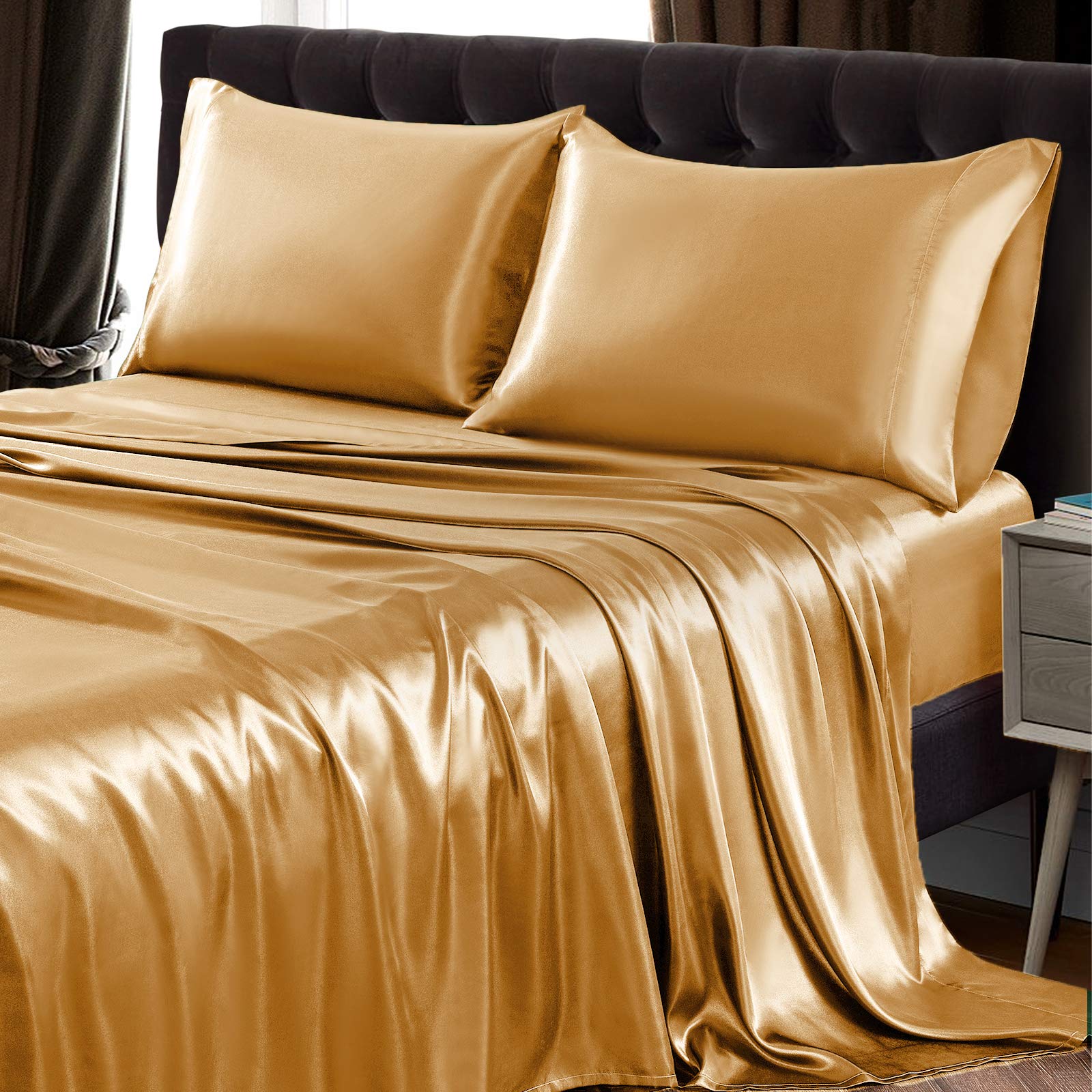 Siinvdabzx 4Pcs Satin Sheet Set California King Size Ultra Silky Soft Gold Satin Bed Sheets With Deep Pocket, 1 Fitted Sheet, 1