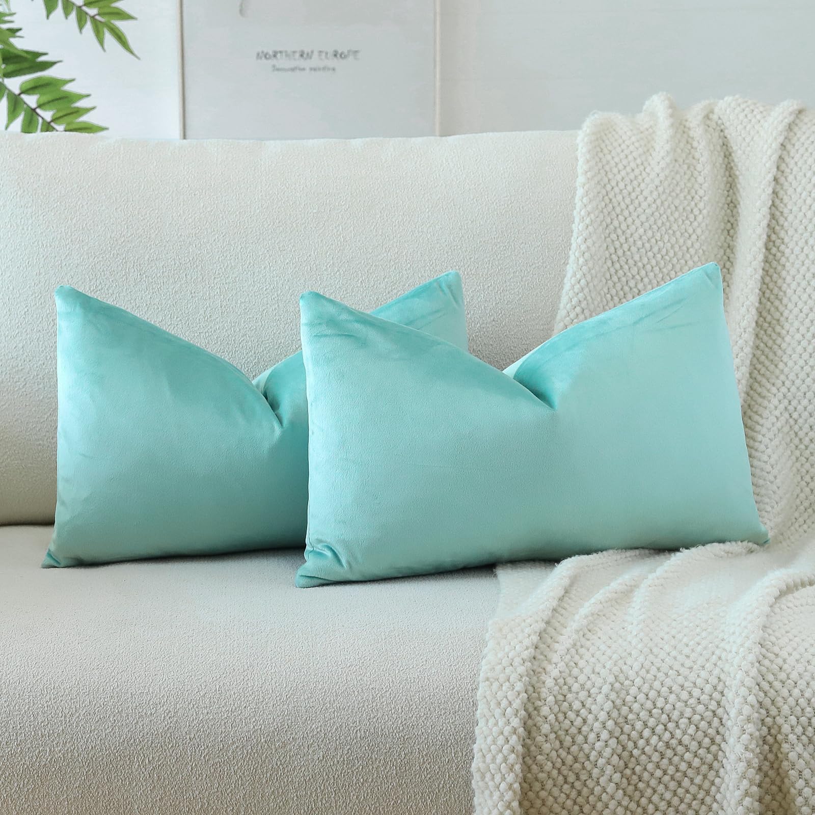 Otostar Pack Of 2 Velvet Soft Solid Decorative Throw Pillow Covers 16 X 24 Inch Pillow Covers Lumbar Cushion Case Couch Pillowcases For Sofa Bed Home Decor (Aqua Green)