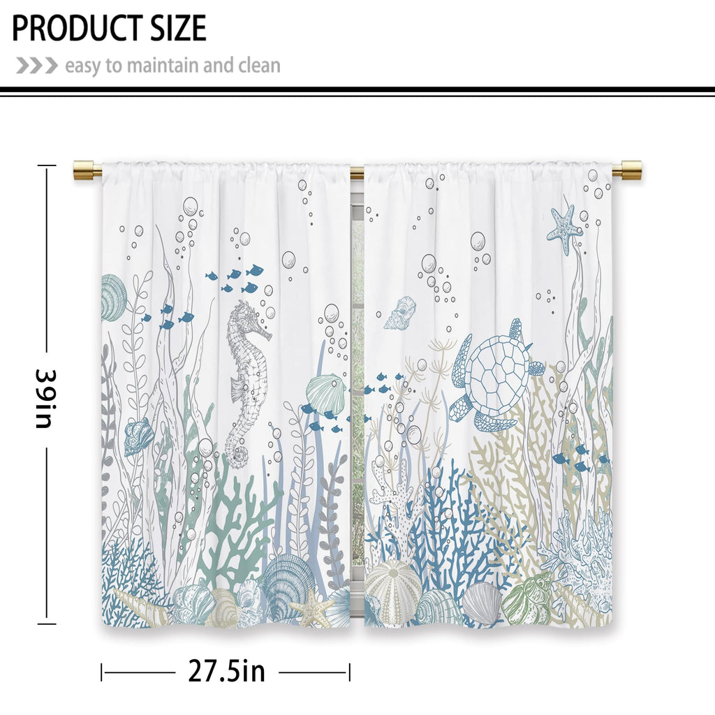Laifzere Nautical Coastal Kitchen Curtains Ocean Starfish Seashell Small Short Cafe Window Curtains Beach Sea Seashell Rod Pocke