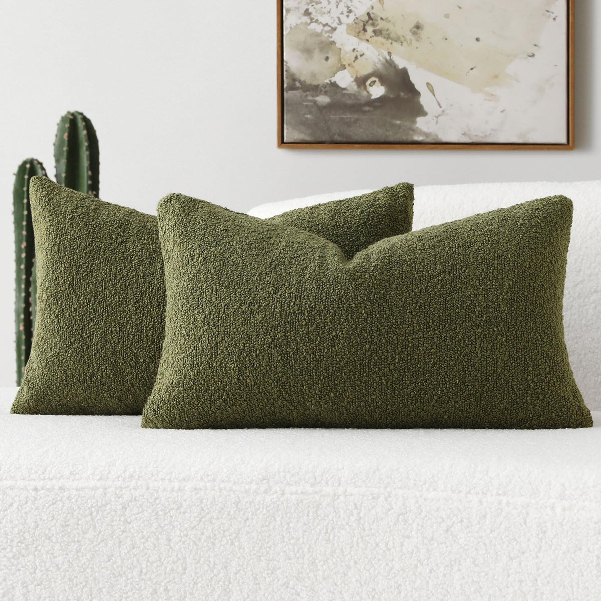 Futei Pack Of 2 Moss Green Boucle Accent Decorative Throw Pillow Covers,12X20 Inch Soft Solid Textured Lumbar Pillow Cases,Home