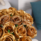 Tifuly Gold Roses Artificial Flowers -12Pcs Realistic Single Long Stem Fake Silk Roses Bouquet For Party Home Wedding Centerpiec