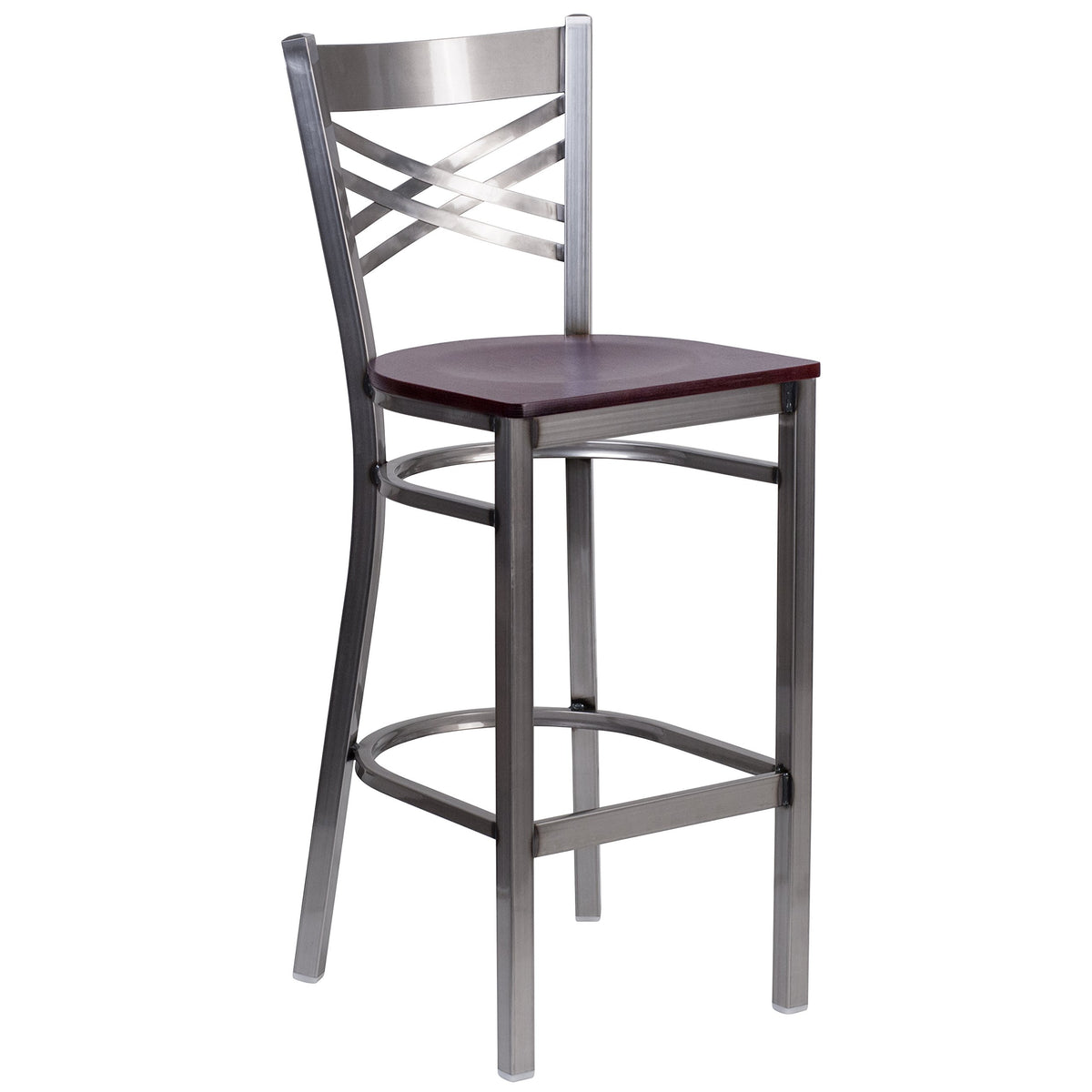 Flash Furniture Hercules Series Clear Coated ''X'' Back Metal Restaurant Barstool - Mahogany Wood Seat