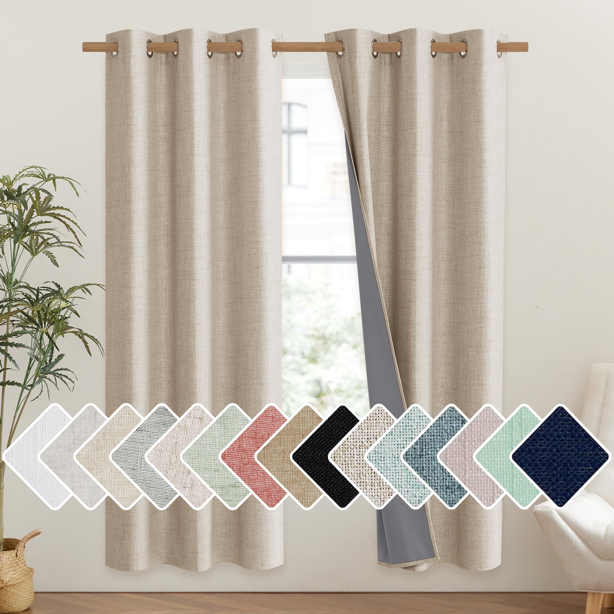 NICETOWN Cream 100% Blackout Linen Curtains 72 inch Long Burg for Classroom, 1 Pair, 42 Width Each Panel, Farmhouse Thick Comple