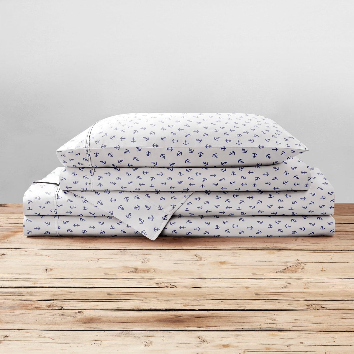 Brielle Home Printed 100% Cotton Percale Sheet Set, Anchors Navy, King