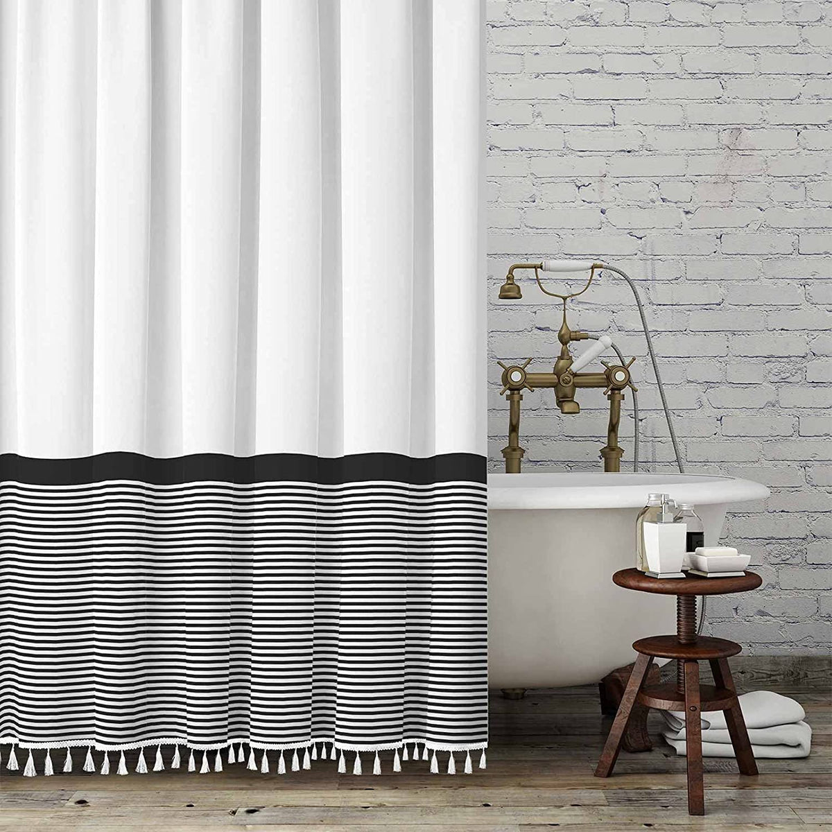 Seasonwood Black And White Shower Curtain Striped With Tassels For Bathroom Decor,Heavy Weighted 72-Inch, 72 X 72