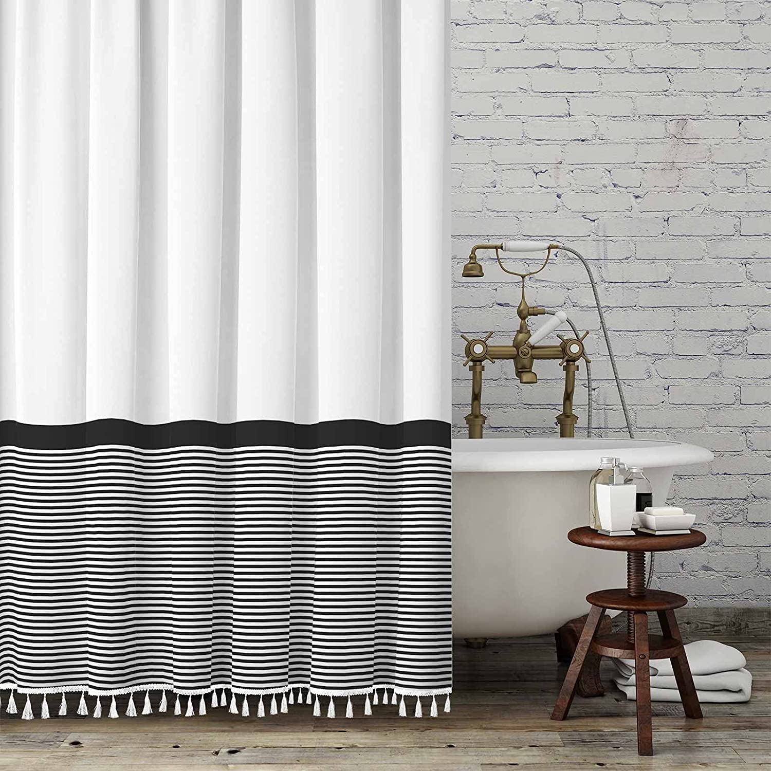 Seasonwood Black And White Shower Curtain Striped With Tassels For Bathroom Decor,Heavy Weighted 72-Inch, 72 X 72