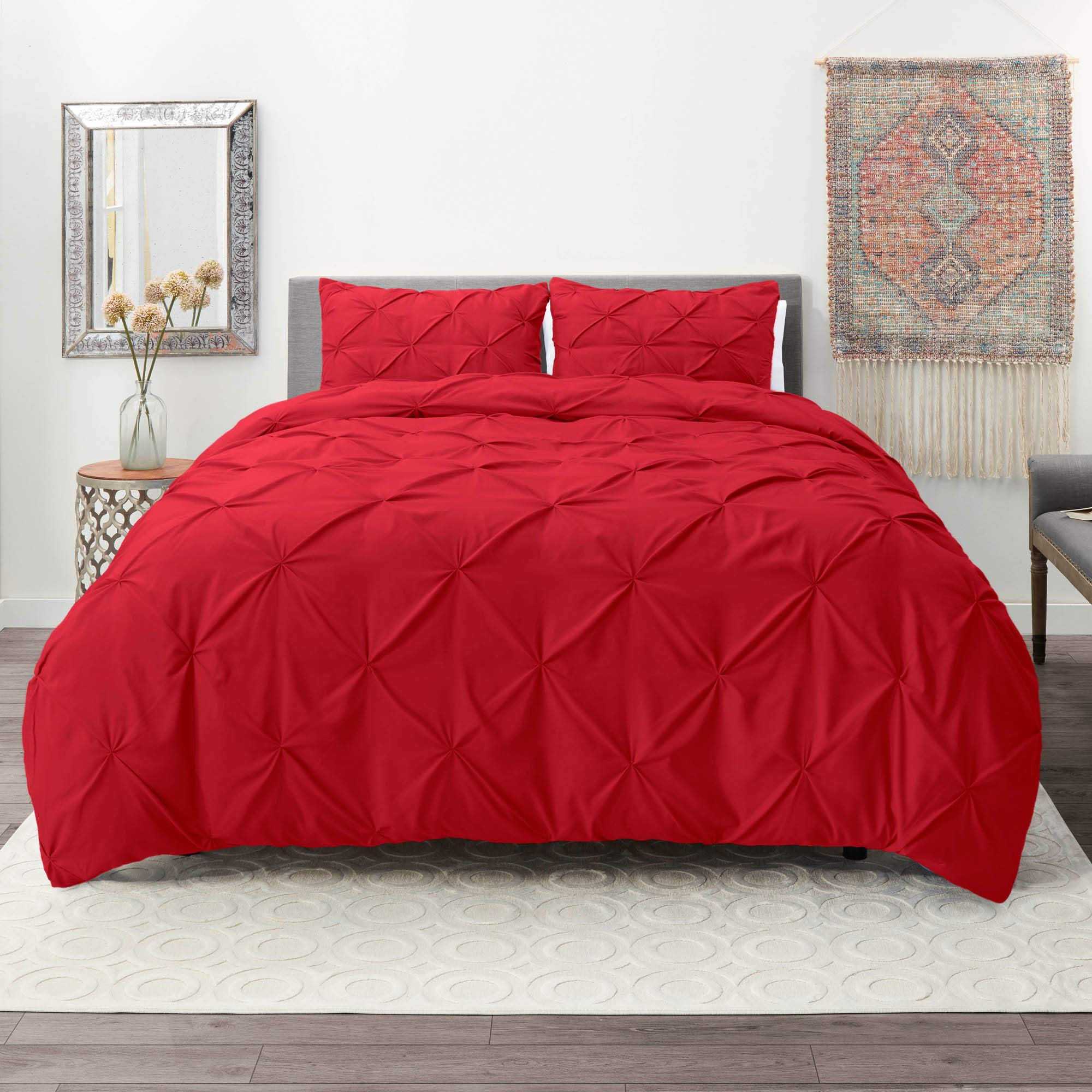Nestl Red Duvet Cover Full Size - Pintuck Full Size Duvet Cover Set, 3 Piece Double Brushed Duvet Cover With Button Closure, 1 P