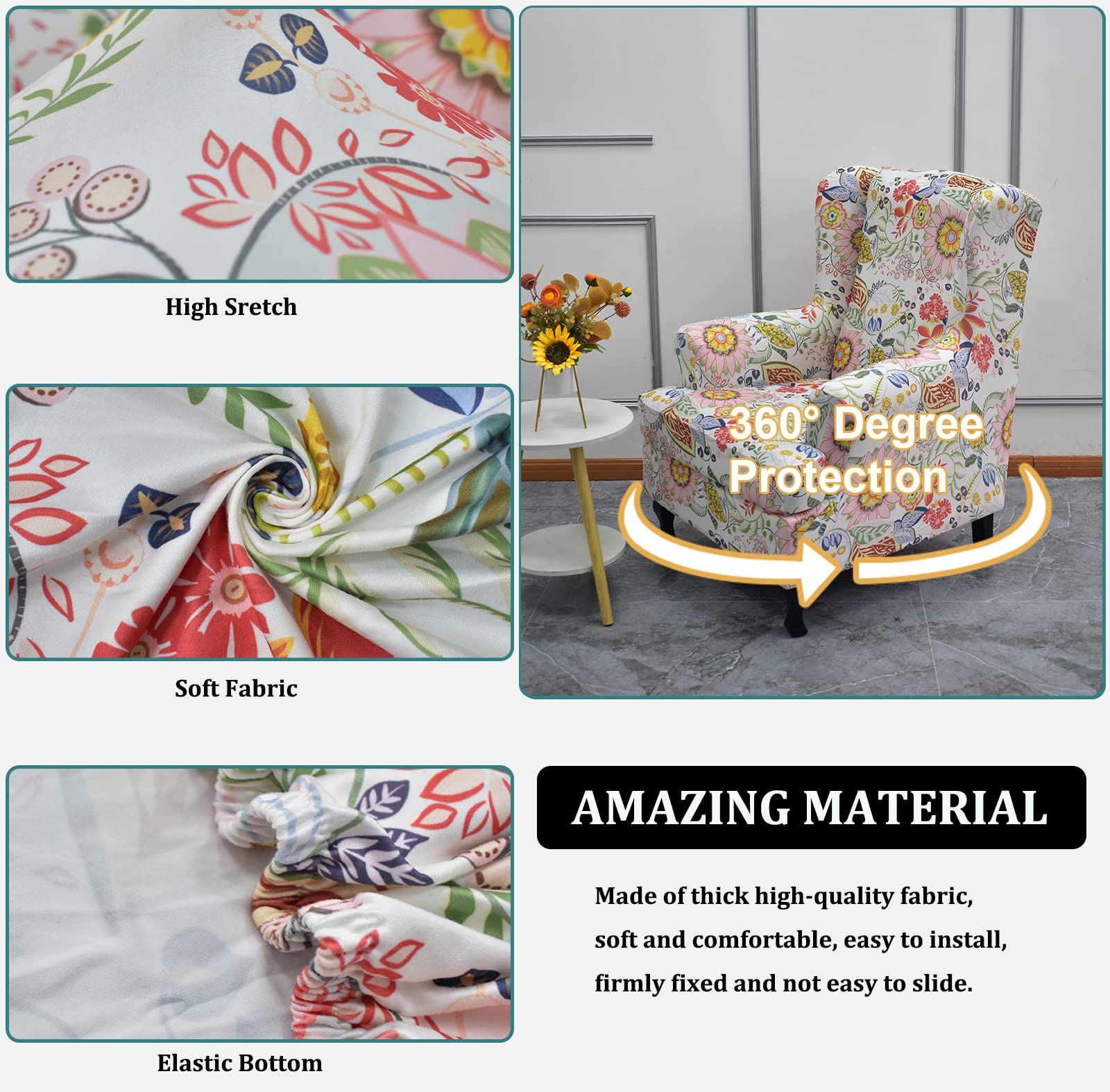 Wing Chair Slipcovers 2 Pieces Stretch Spandex Wingback Chair Covers Sofa Slipcover Printing Wingback Armchair Slipcovers Furniture Protector Couch Soft With Elastic Bottom For Wingback Chairs, A