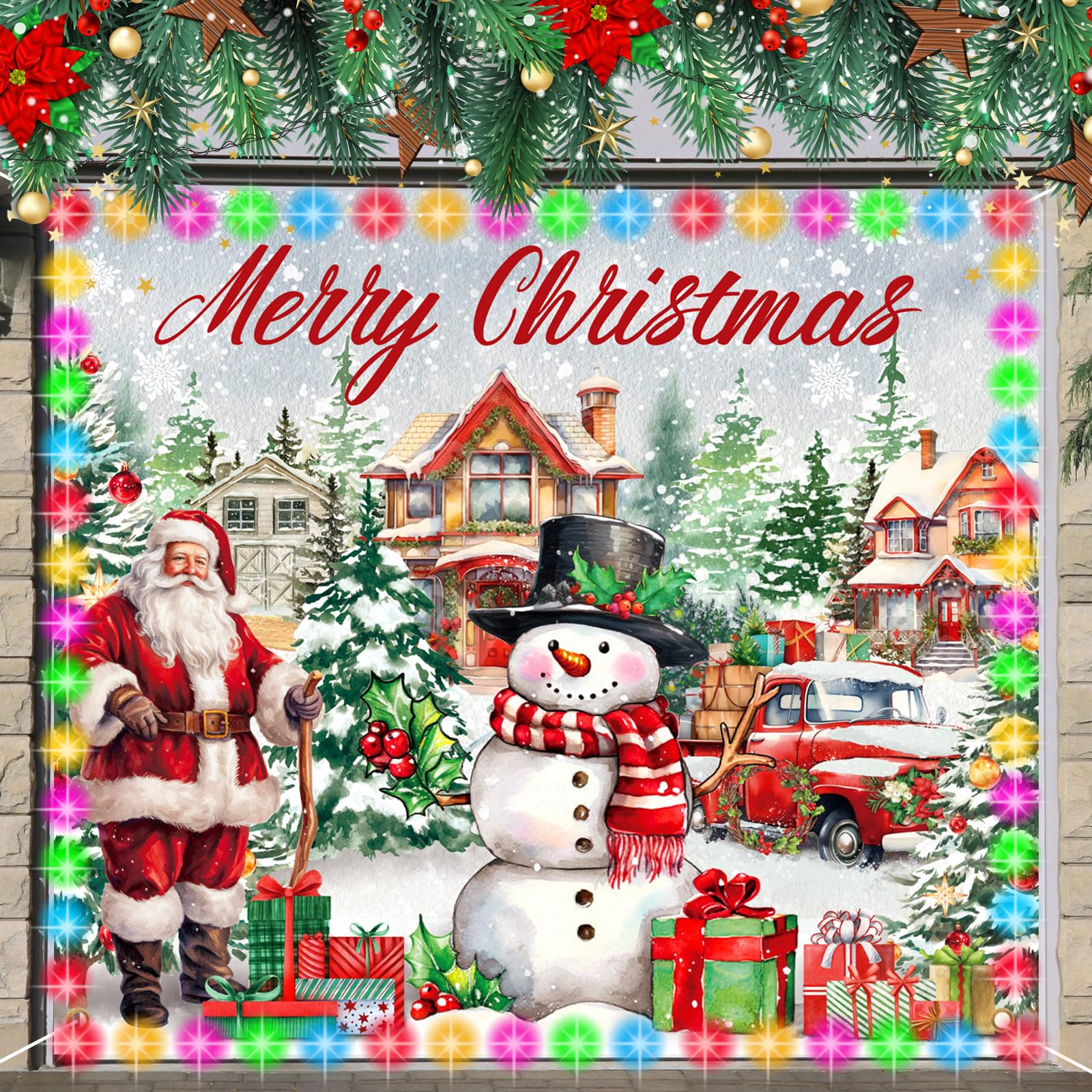 Fuweave Christmas Garage Door Banner Cover With Led String Light Battery Box Outdoor Large Snowman Garage Door Decors Santa Rein