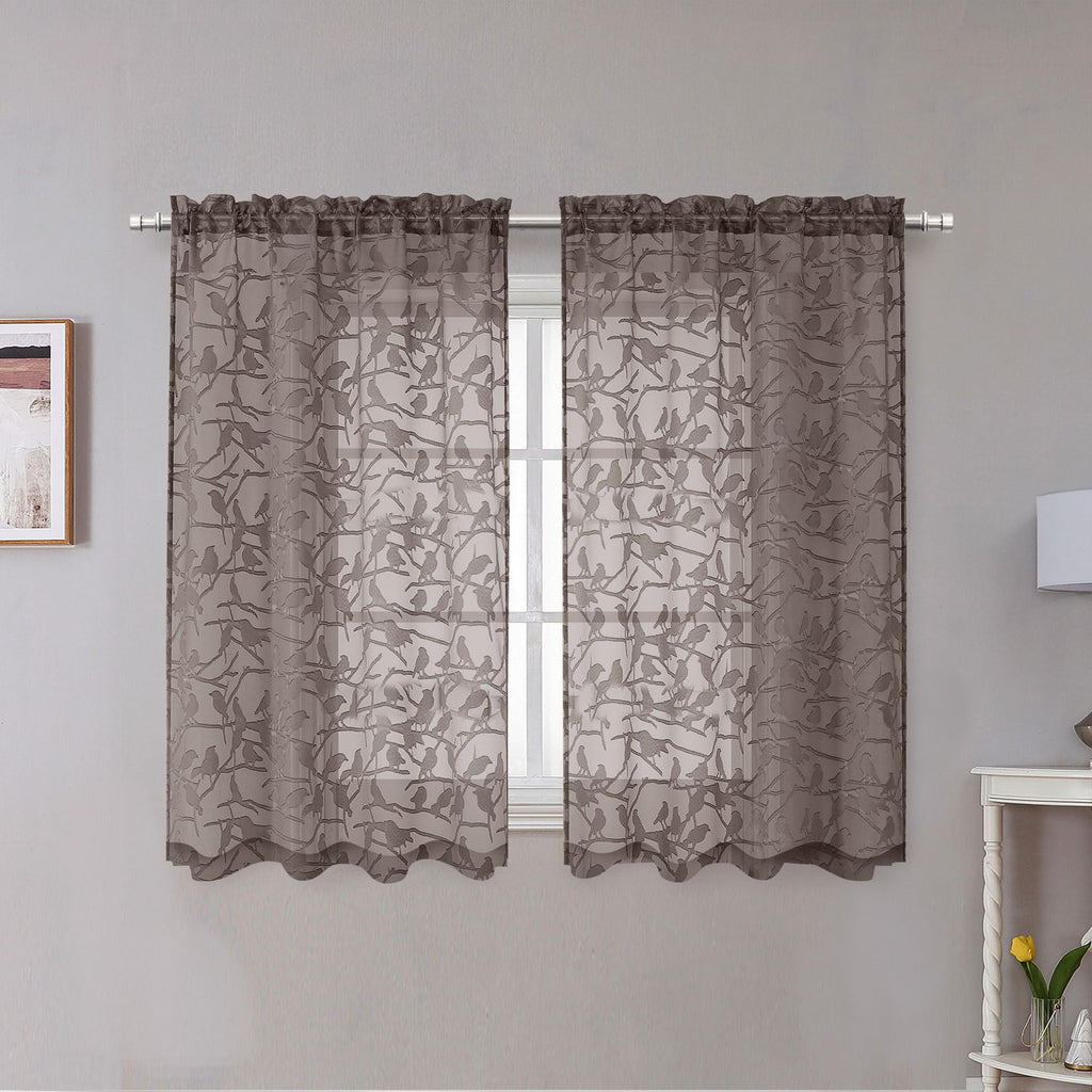 Ovzme Anji Bird Brown Sheer Curtains 45 Inches Long 2 Panels Set For Small Window, Light Filtering Privacy Cafe Curtains Rod Poc