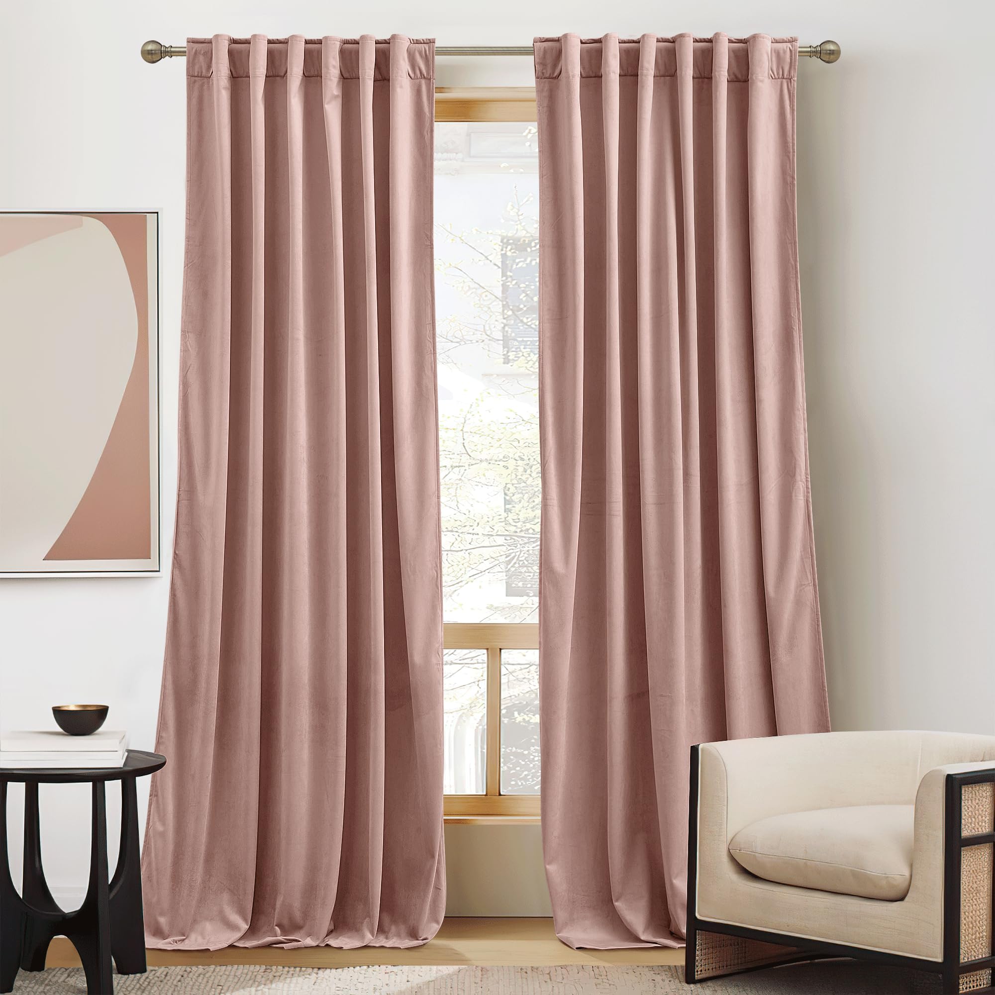 Ryb Home Dusty Pink Velvet Curtains 96 Inches Length - Thermal Insulated Back Tab Panel Soft Vertical Sense Window Decor For Baby Room Farmhouse, Width 52 X Length 96 Inch, 2 Panels