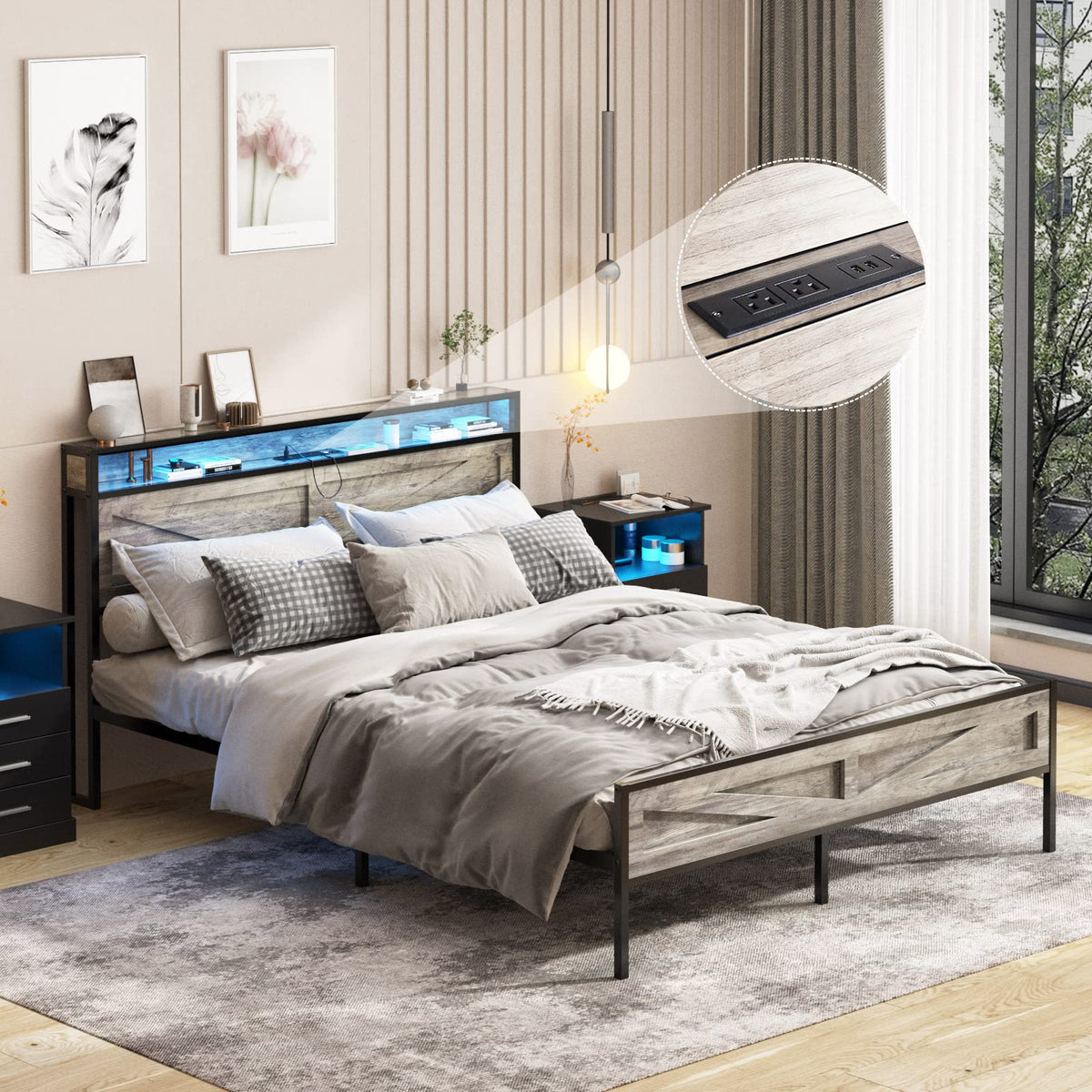 Halitaa LED Full Size Bed Frame with Charging Station, Platform Metal Headboard Storage & USB Ports Outlets, Farmhouse Lights fo