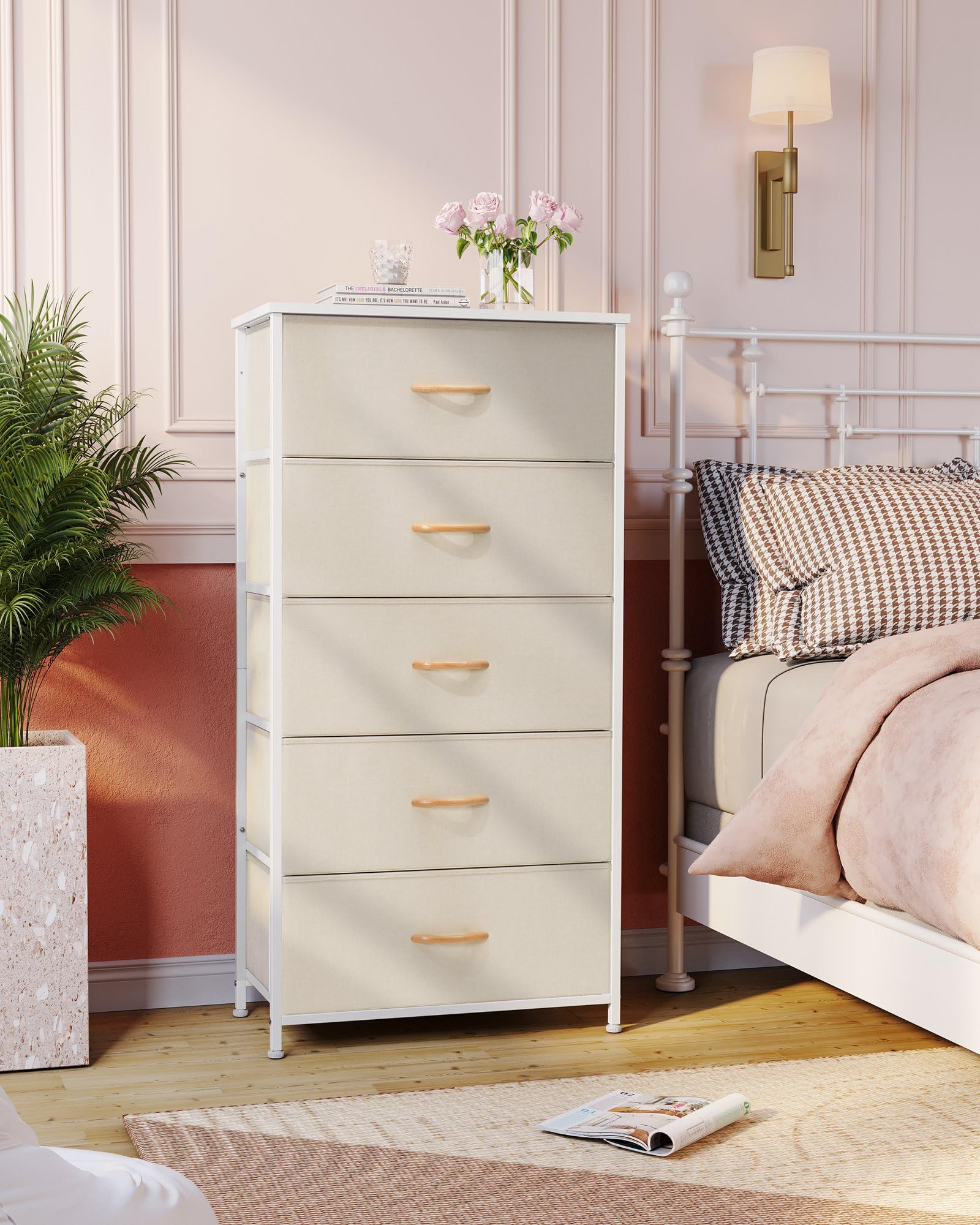 Crestlive Products Vertical Dresser Storage Tower - Sturdy Steel Frame, Wood Top, Easy Pull Fabric Bins - Wide Organizer Unit For Bedroom, Hallway, Entryway, Closets - 5 Drawers(Beige)