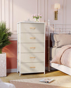 Crestlive Products Vertical Dresser Storage Tower - Sturdy Steel Frame, Wood Top, Easy Pull Fabric Bins - Wide Organizer Unit For Bedroom, Hallway, Entryway, Closets - 5 Drawers(Beige)