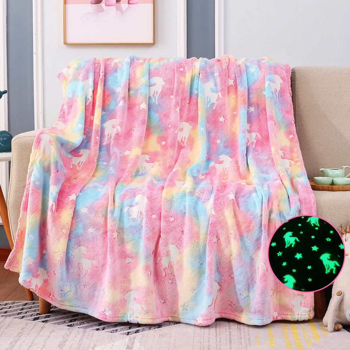 Cloele Glow In The Dark Blanket - Rainbow Unicorns Gift Toddler Girls Toys For 3-10 Year Old Girls 50 X 60 Soft Flannel Fleece B