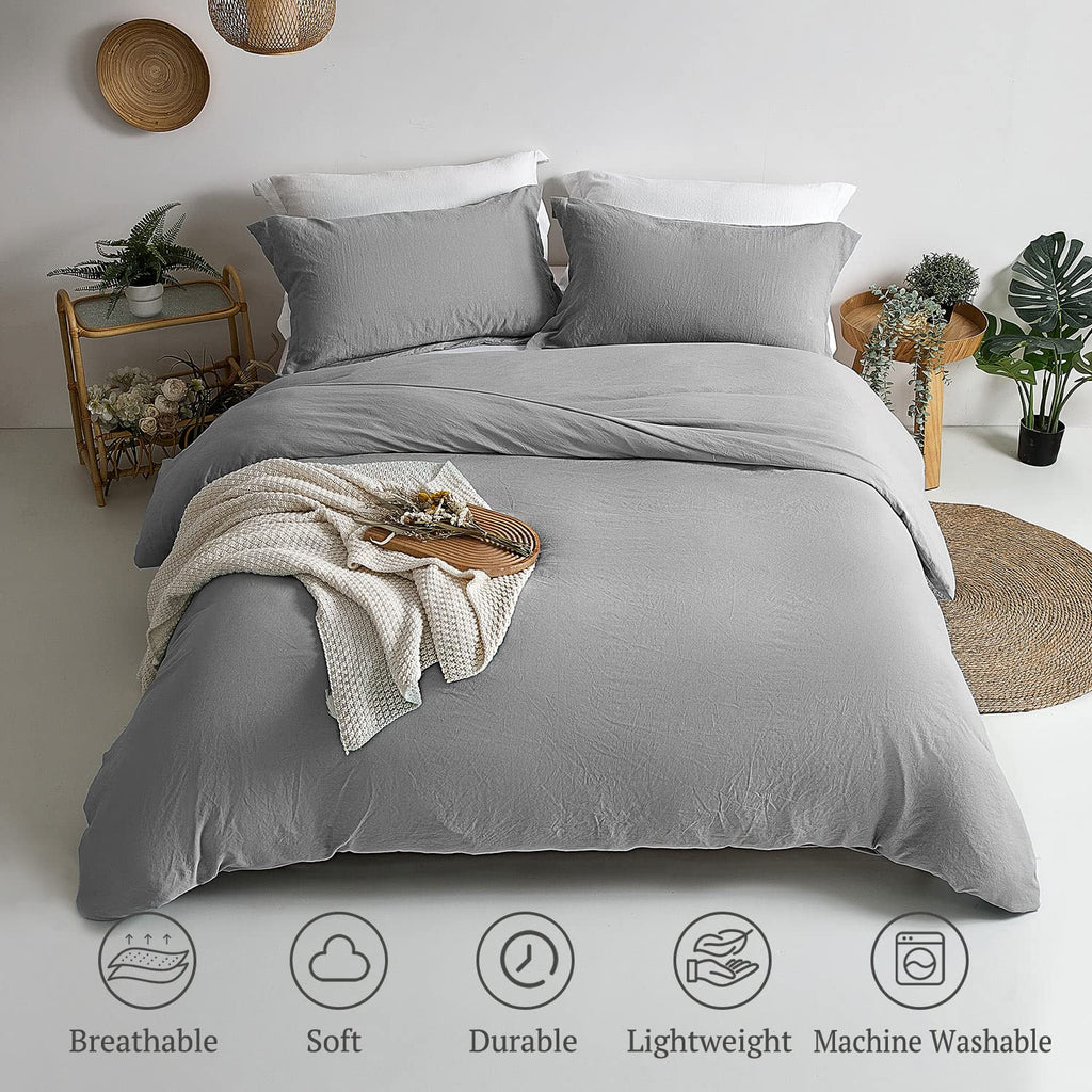 Mildly Super Soft Duvet Cover - 100% Washed Microfiber Light Grey Comforter Cover Set 3 Pieces With Zipper Closure & Corner Ties