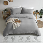 Mildly Super Soft Duvet Cover - 100% Washed Microfiber Light Grey Comforter Cover Set 3 Pieces With Zipper Closure & Corner Ties