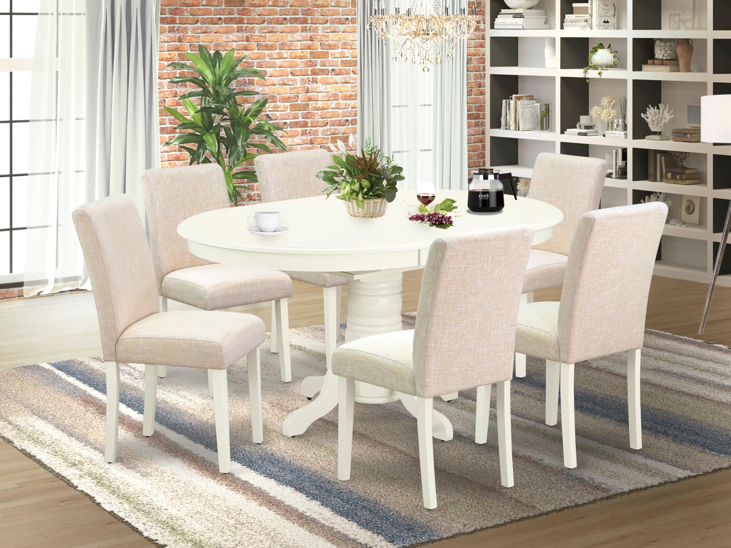 East West Furniture Avab7-Lwh-02 7 Piece Dining Table Set Consist Of An Oval Kitchen Table With Butterfly Leaf And 6 Light Beige Linen Fabric Parson Dining Chairs, 42X60 Inch, Linen White