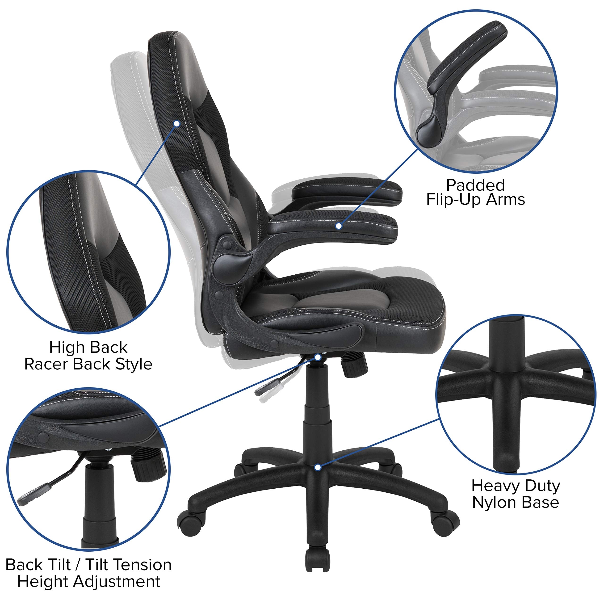 Flash Furniture X10 High-Back Leathersoft Racing Style Gaming Chair With Flip-Up Arms, Ergonomic Padded Swivel Computer Chair, Black