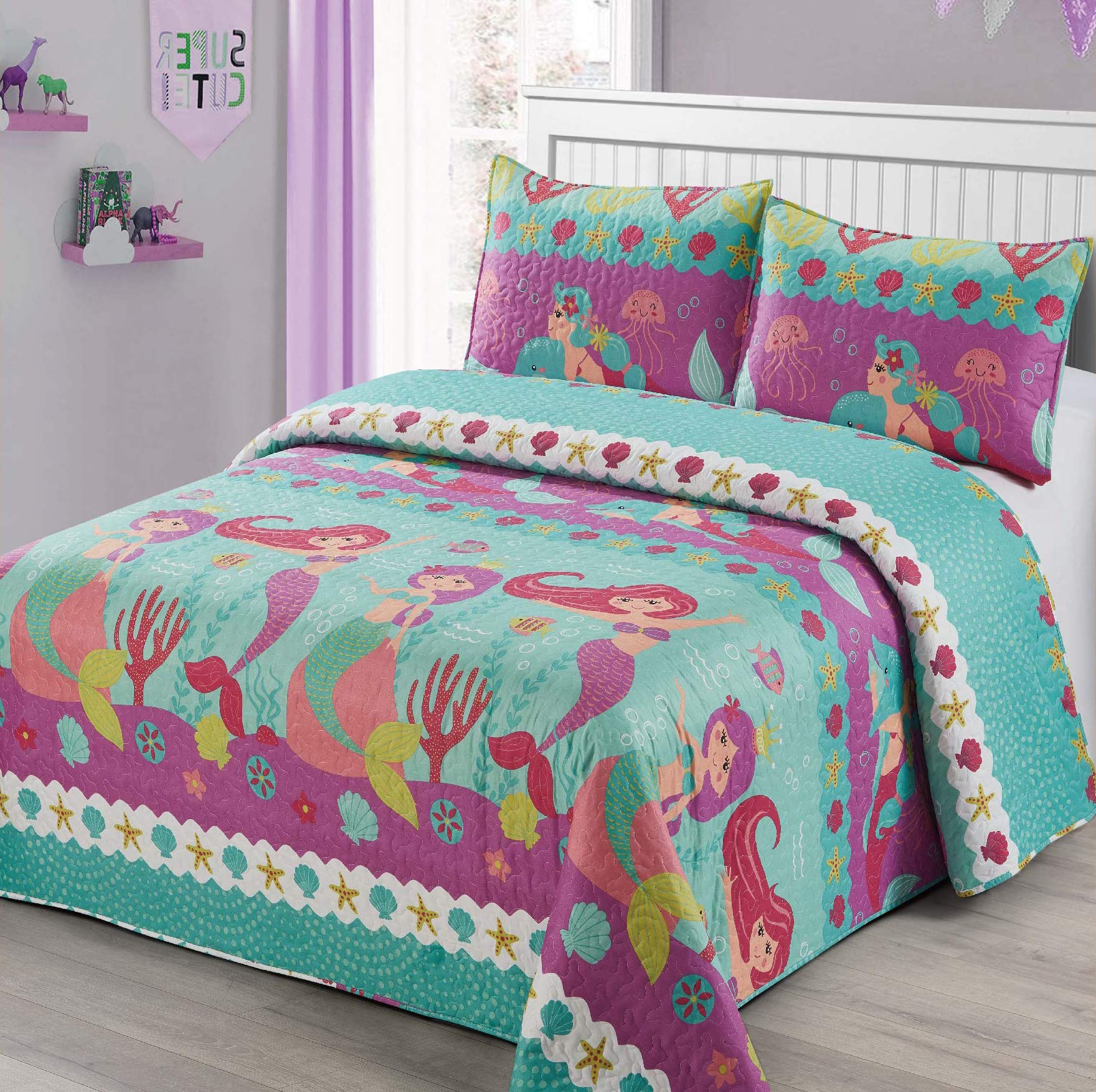 3Pc Full/Queen Size Quilt Bedspread Kids/Teens Mermaid Dolphin Under The Sea Branches Sea Life Purple Pink Teal Girls Multicolor