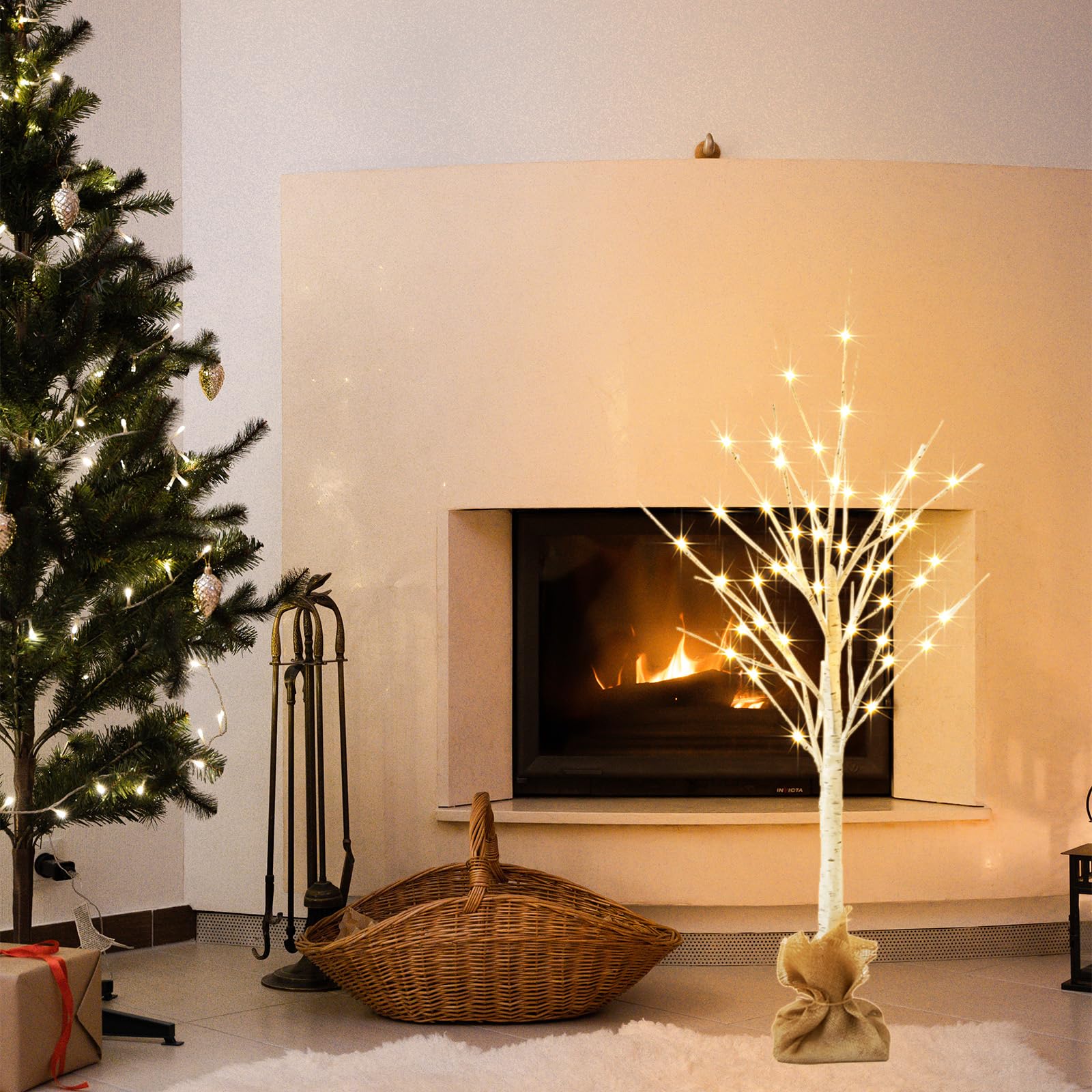 Holilluma Lighted Brich Tree, 4Ft 56 Led Christmas Tree With Burlap Decor, Warm White, Ip44 Waterproof, Power Supply By Adaptor,