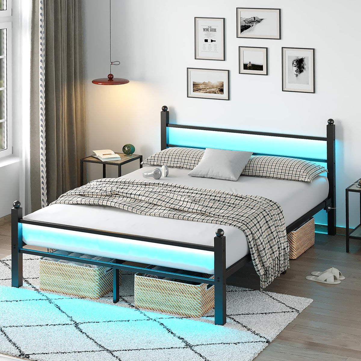 Collaredeagle Full Bed Frame With Headboard And Footboard,Heavy Duty Steel Slats Support Metal Bed Frame With Charging Station,