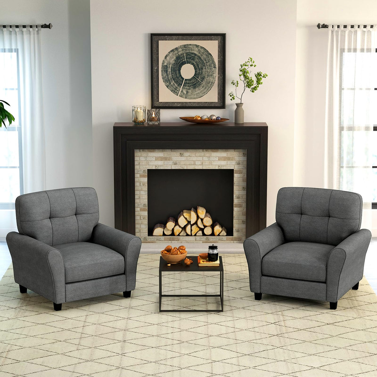 Giantex Modern Mid-Century Accent Chair Set Of 2 - Linen Living Room Chair With Tufted Back, 7' Thick Cushion, Max Load 400 Lbs, Upholstered Armchair, Club Chair For Bedroom, Grey