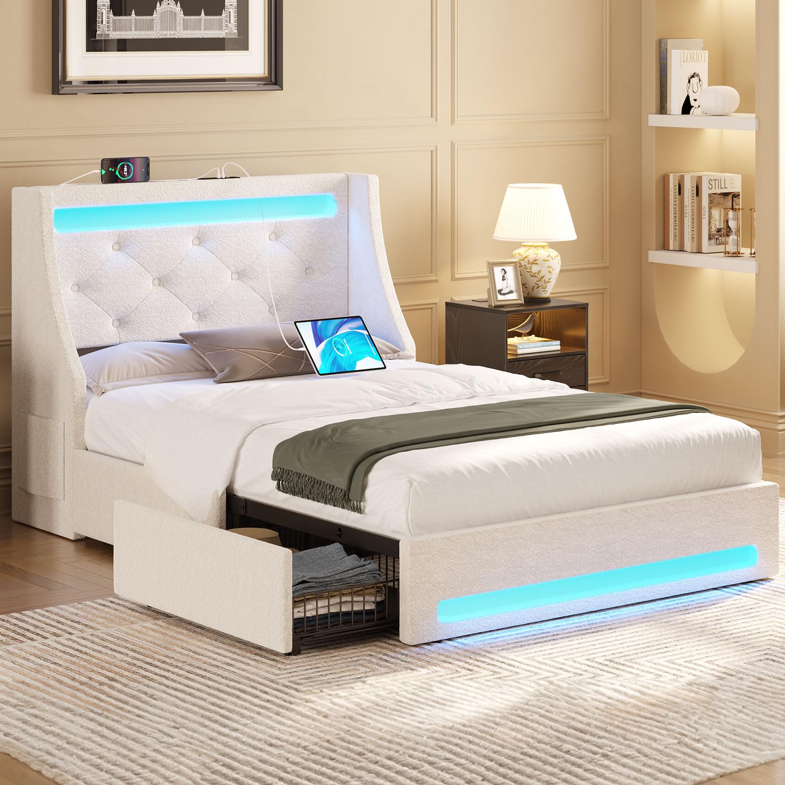 Rolanstar Twin Bed Frame with LED Lights and Charging Station, Upholstered Bed with Drawers, Wooden Slats, Noise Free, Easy Asse