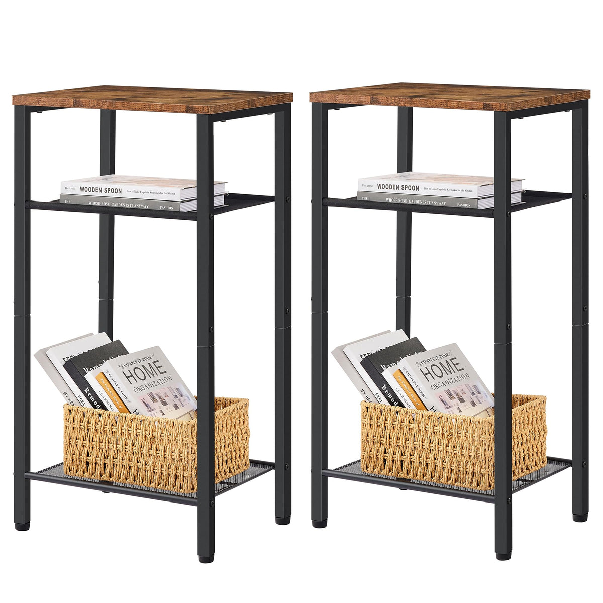 Hoctieon 2-Set 3 Tier End Table, Telephone Table Set Of 2, Tall Side Table With Storage Set Of 2, Small Nightstand For Small Spaces, Metal Frame, For Living Room, Bedroom, Sofa Couch, Rustic Brown