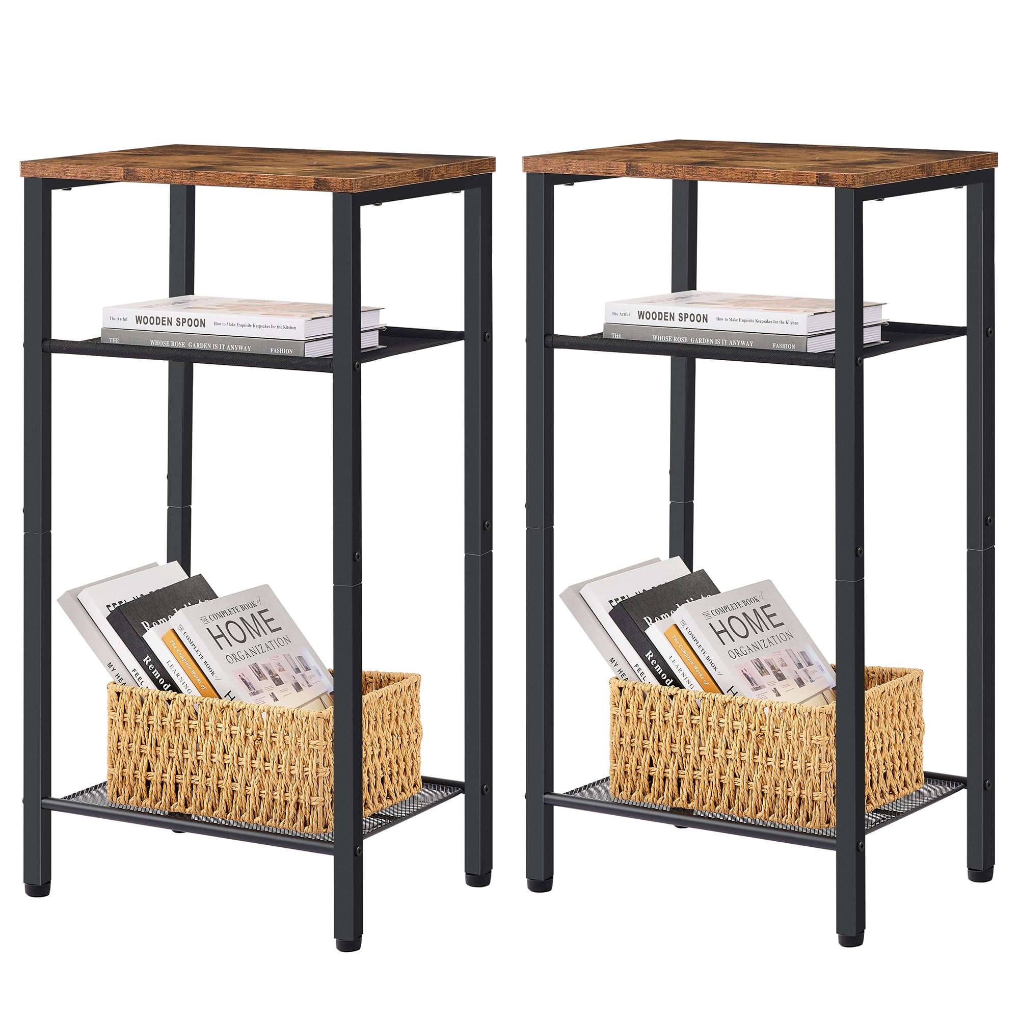 Hoctieon 2-Set 3 Tier End Table, Telephone Table Set Of 2, Tall Side Table With Storage Set Of 2, Small Nightstand For Small Spaces, Metal Frame, For Living Room, Bedroom, Sofa Couch, Rustic Brown