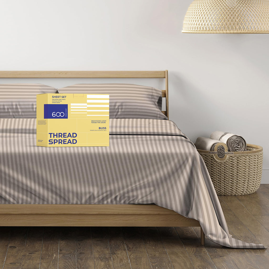 Thread Spread Luxury Egyptian Cotton King Stripe Sheet Set, 600 Thread Count Extra Long Staple 4 Pc Set, King Damask Sheets, Soft, Cooling Sateen Weave Striped Sheets Upto 18' Deep Pocket - Taupe